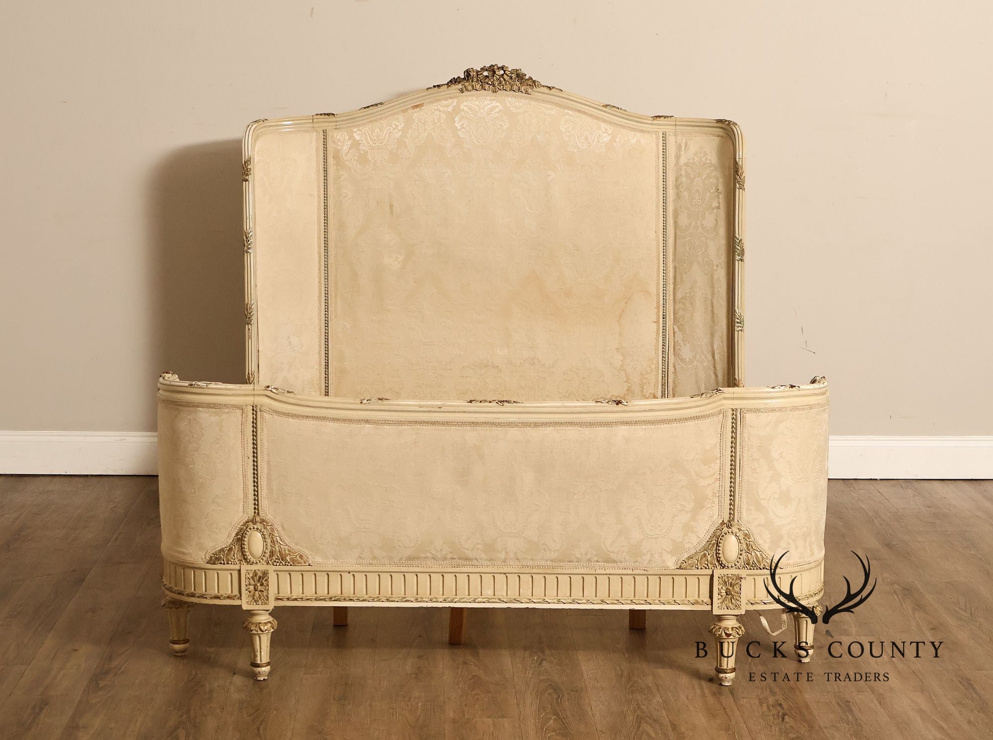Antique French Louis XVI Style Painted & Upholstered Full Size Bed Frame