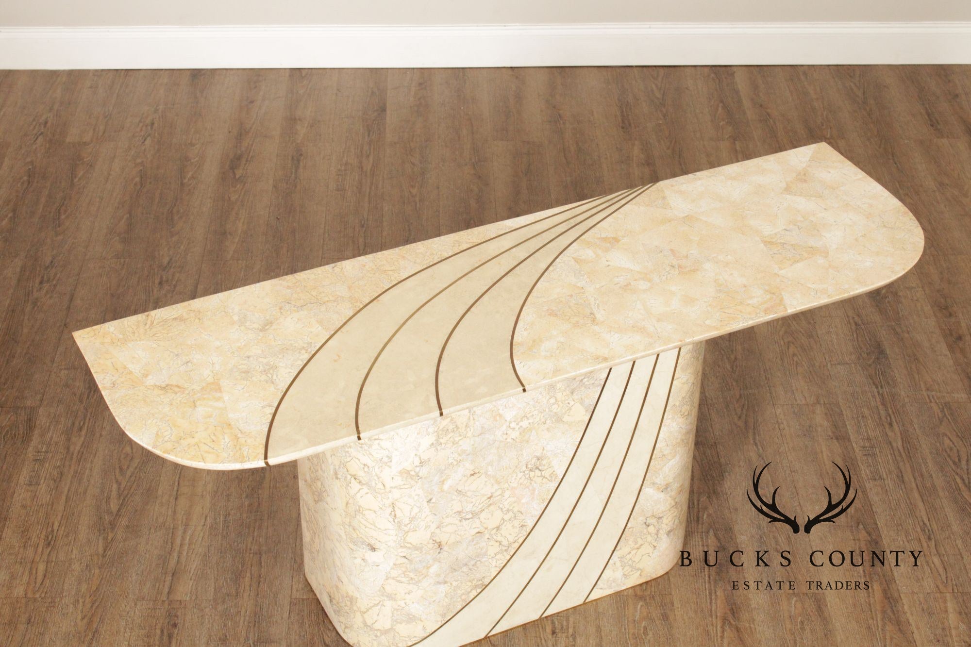 Hollywood Regency Tessellated Stone Brass Inlaid Console Table