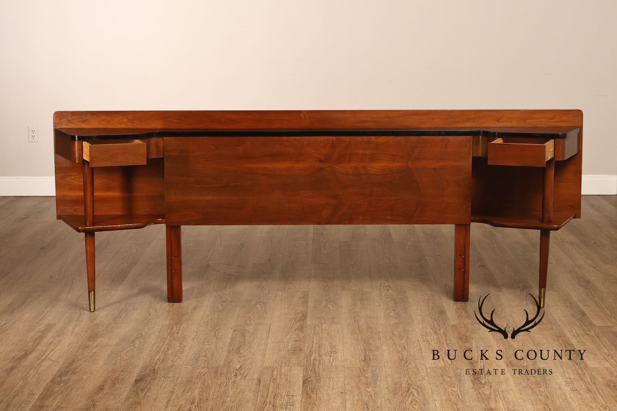 American Of Martinsville Mid-Century Modern Walnut Headboard With Black Laminate Top And Brass Feet- Full Size