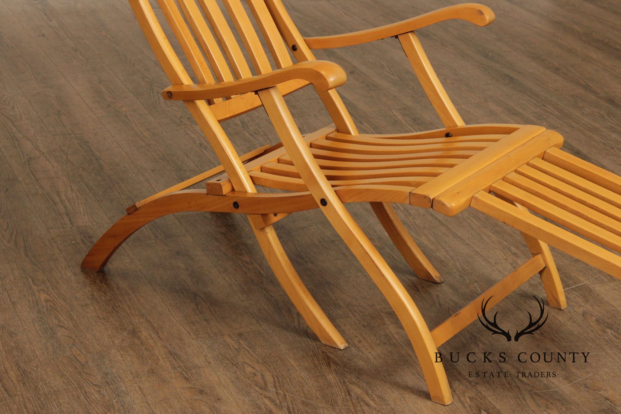 Vintage Campaign Style Pair of Maple Folding Cruise Ship Steamer Lounge Chairs