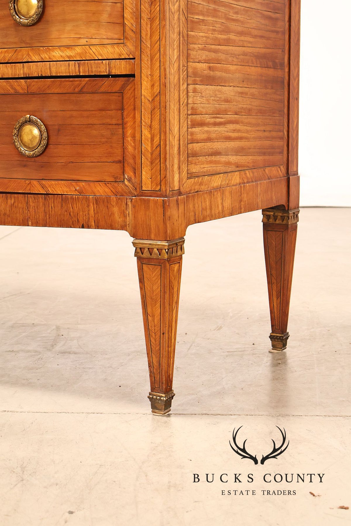 Antique French Neoclassical Marble Top Inlaid Three Drawer Chest