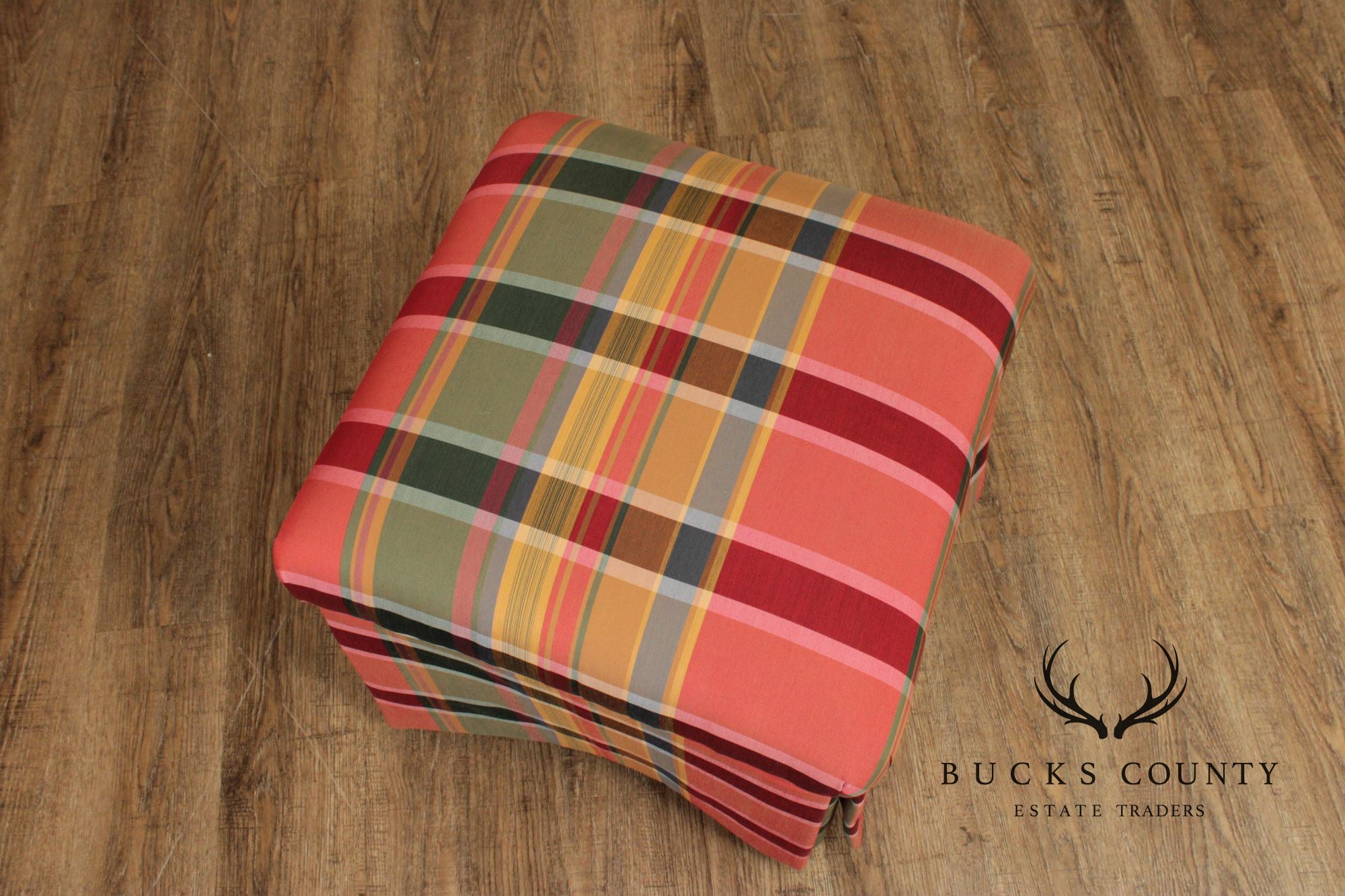 'A Colony Original' Pair Of Upholstered Plaid Skirted Ottomans