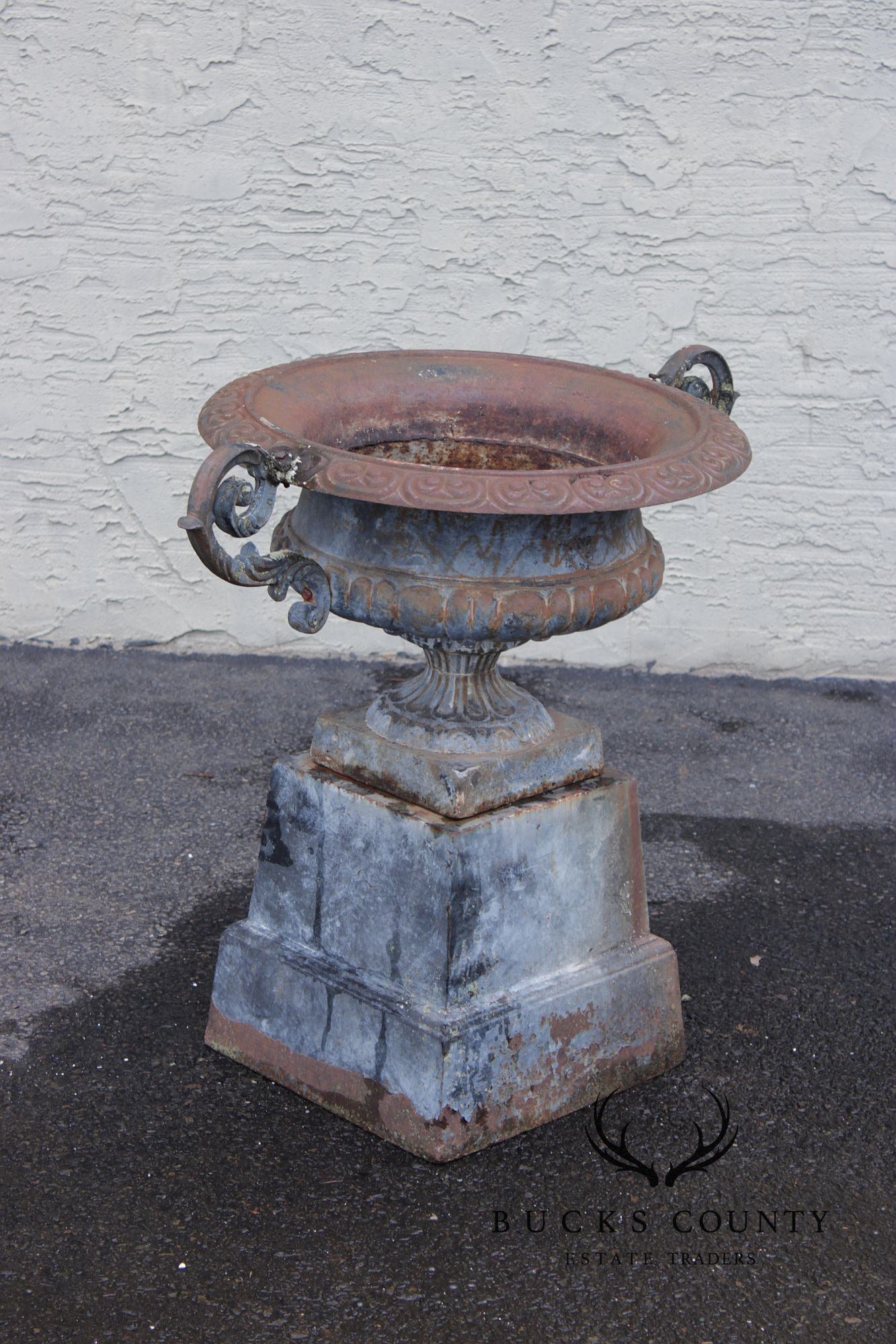 Vintage Cast Iron Neoclassical Garden Urn On Pedestal