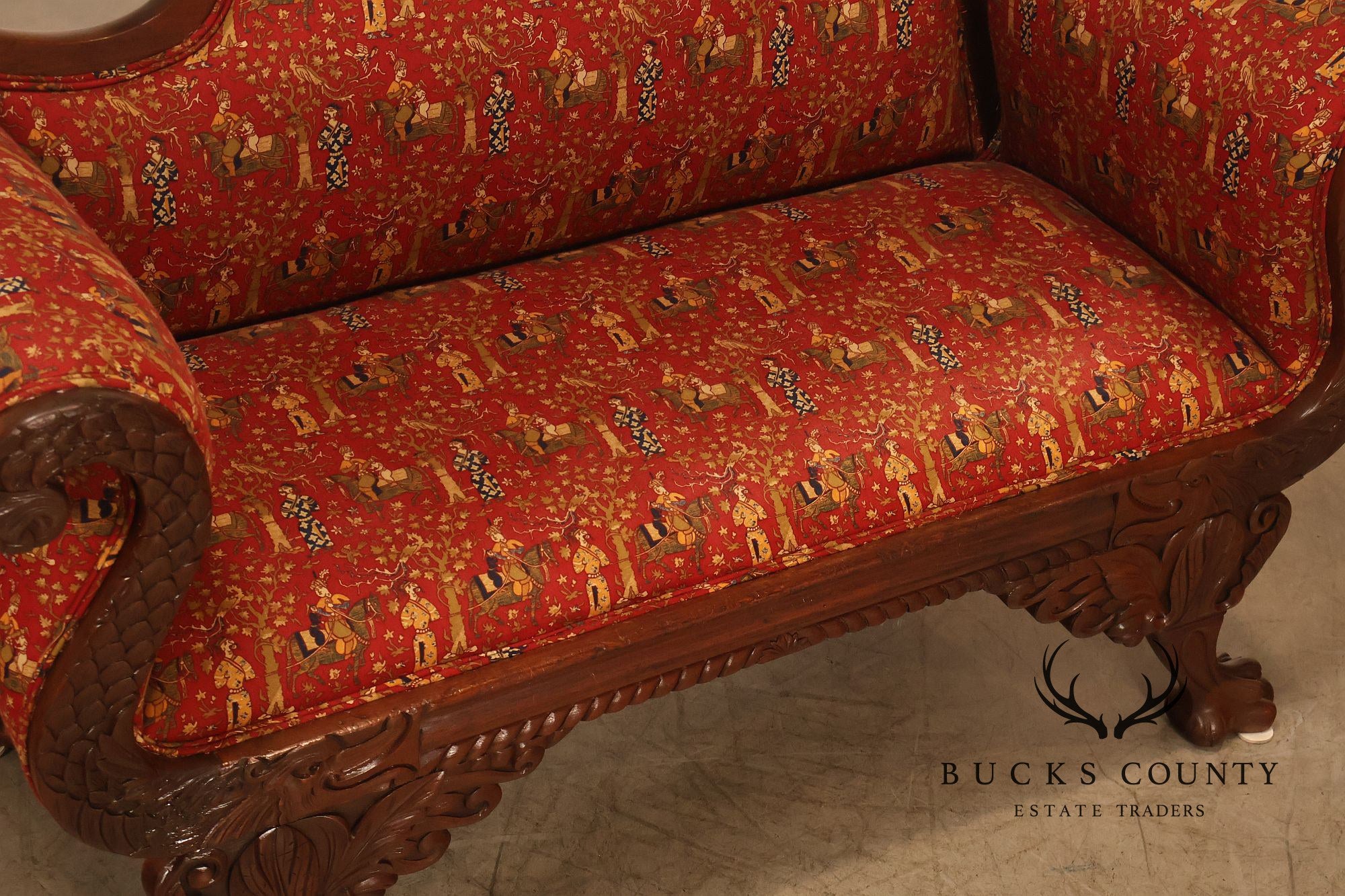 Antique American Empire Carved Mahogany Sofa With Scrolled Arms And Lion Paw Feet
