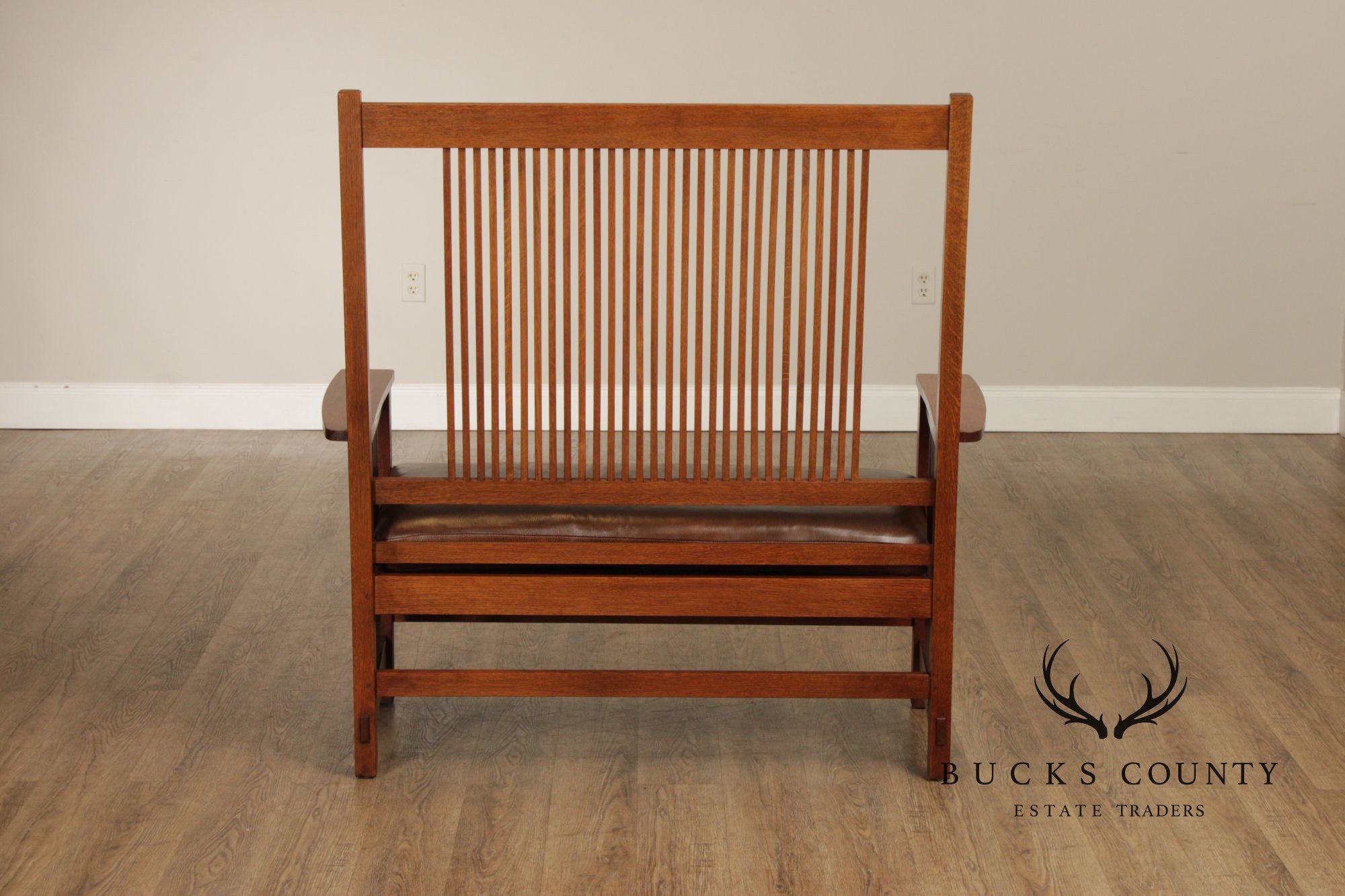 Stickley Mission Collection Oak And Leather Spindle Settee