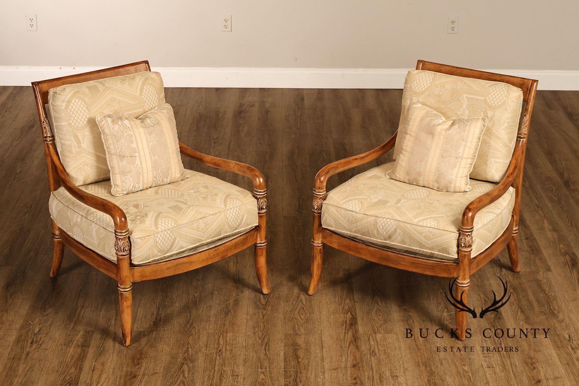 French Empire Style Pair of Carved Mahogany Armchairs