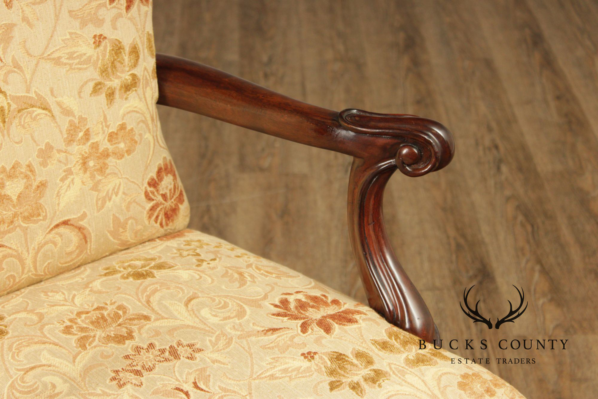 Henredon Scroll and Floral Upholstered Cabriole Leg Armchairs