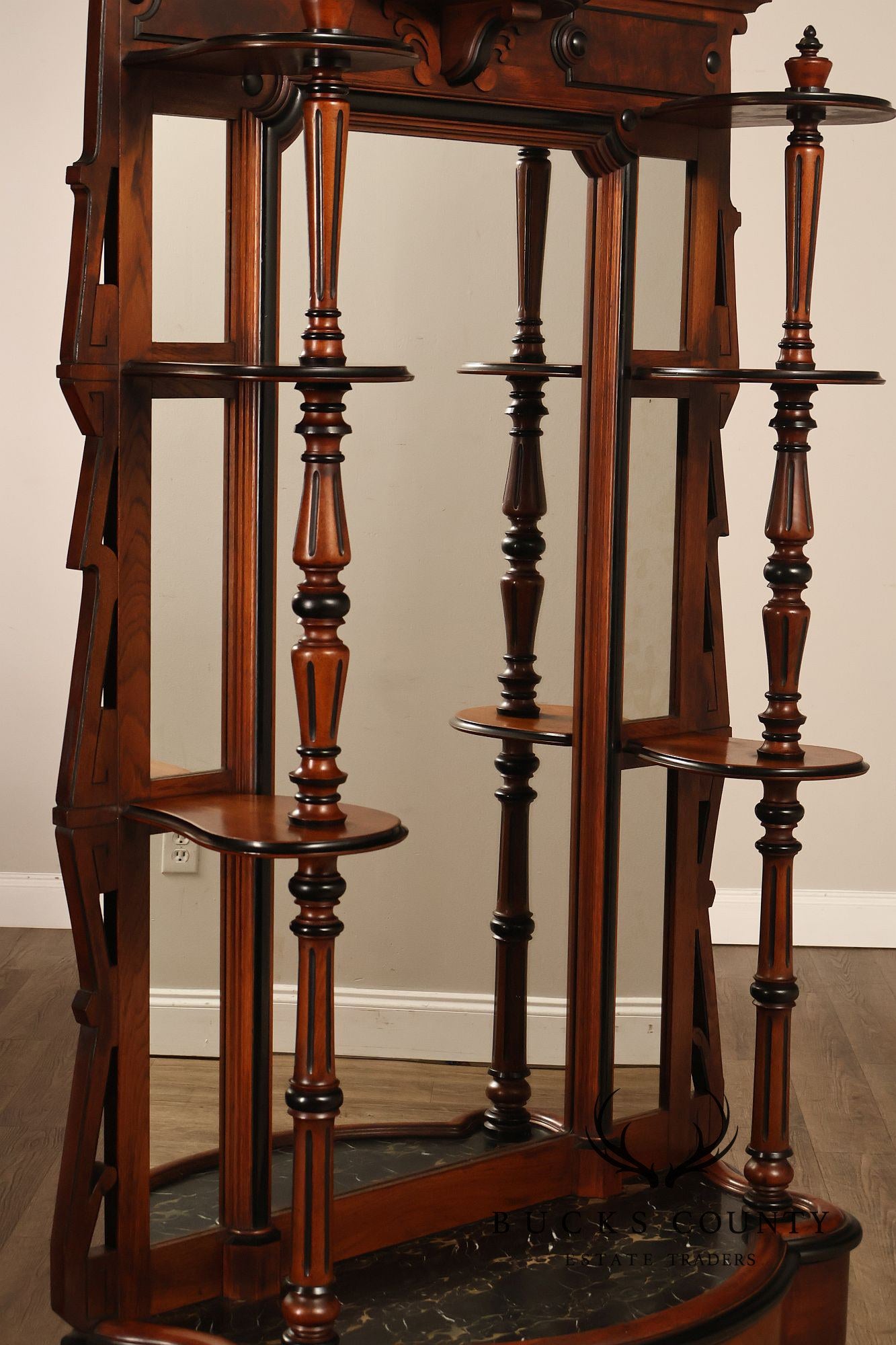 Antique American Renaissance Revival Walnut Mirrored Etagere Hall Tree