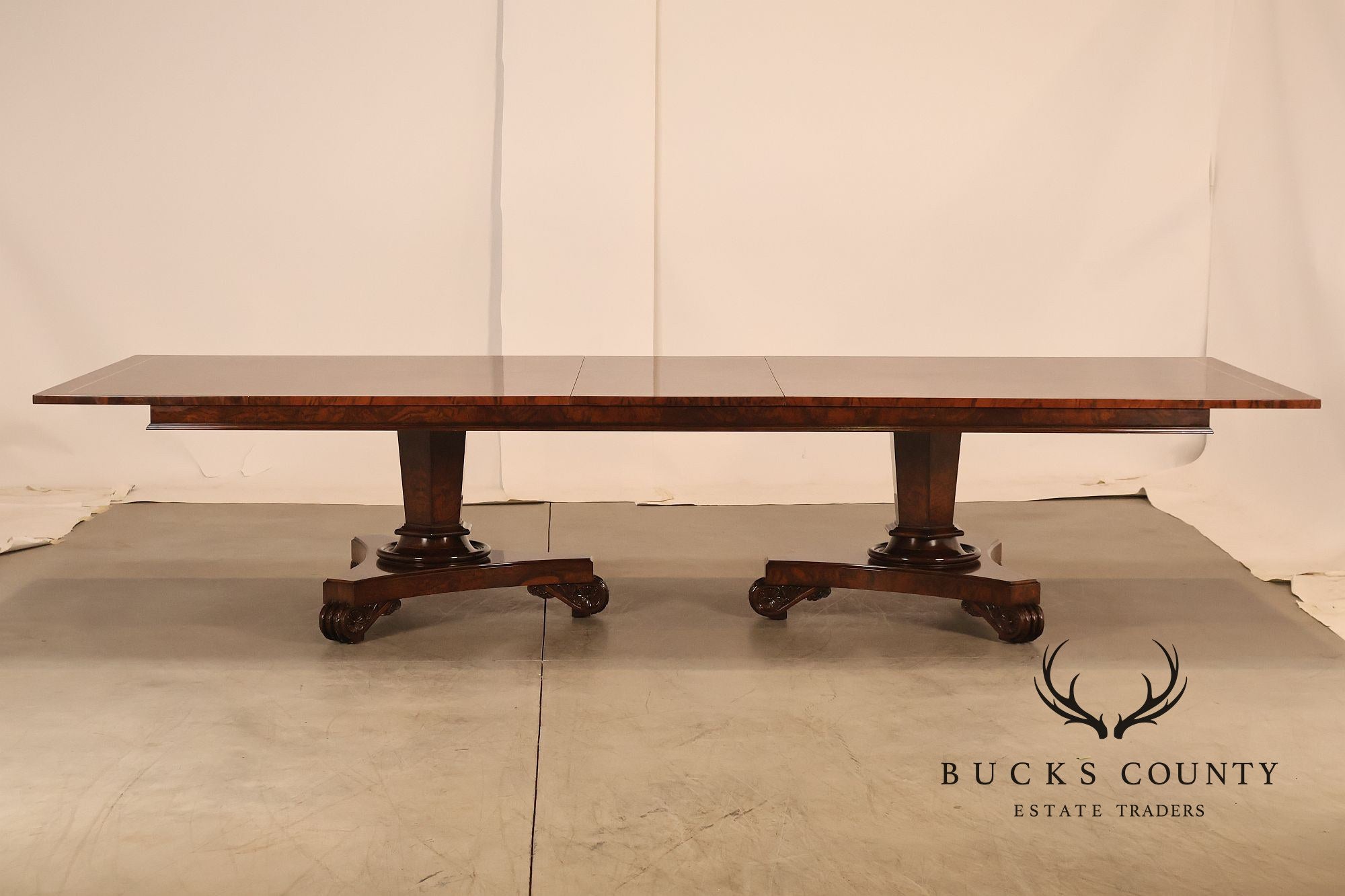 Custom Regency Style Burl Walnut Double Pedestal 12' Dining Table