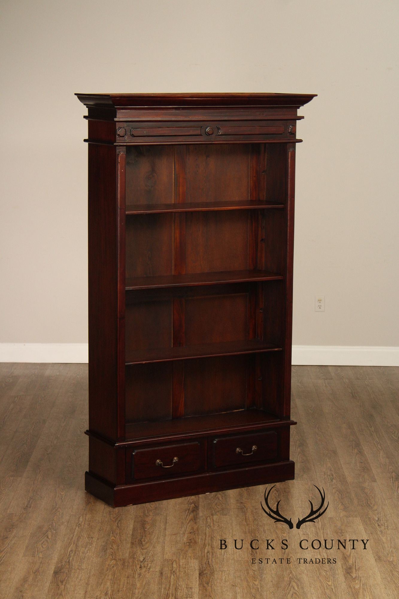 Mahogany Pair Of Tall Open Bookcases With Drawers