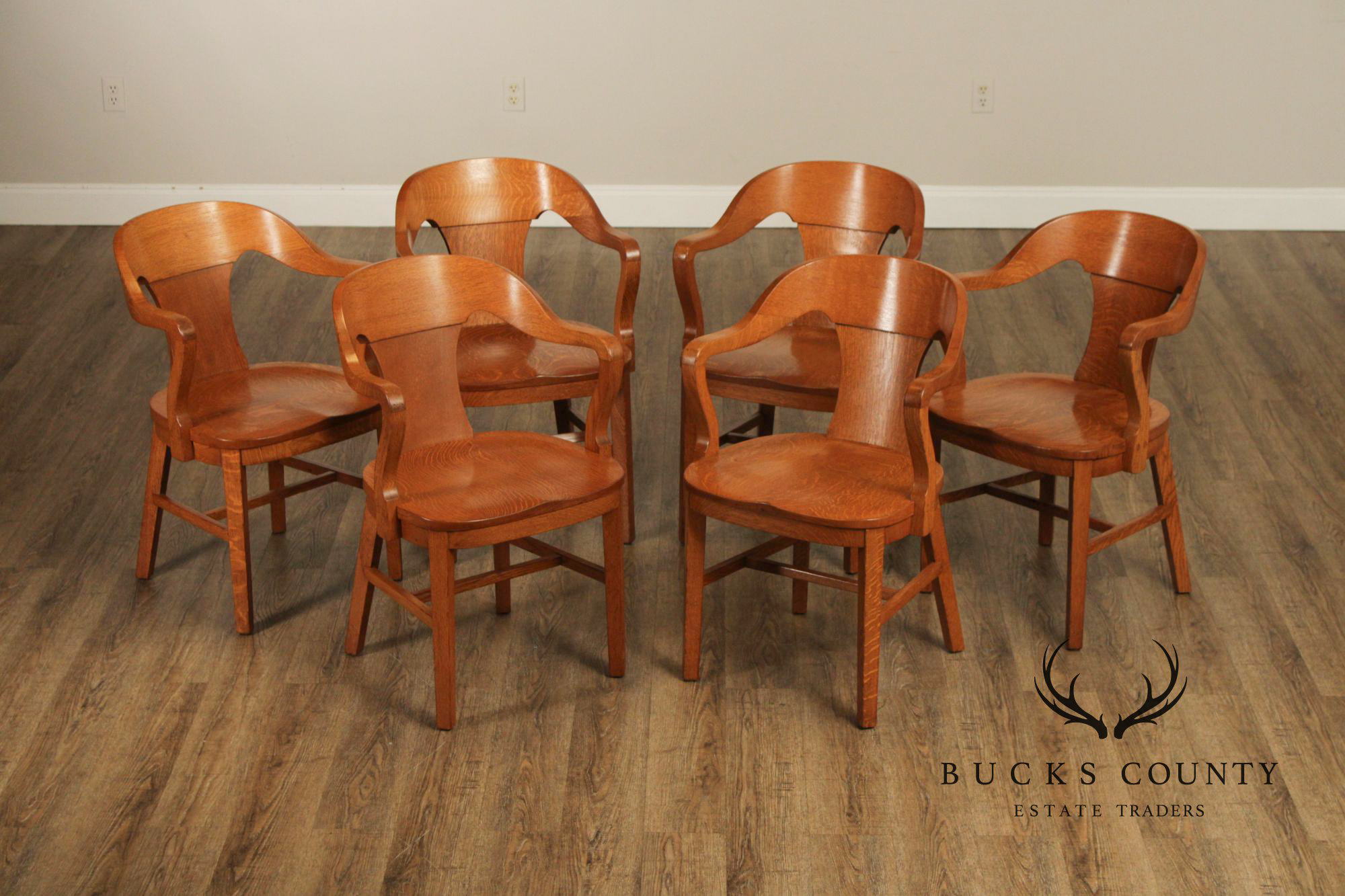 Marble & Shattuck Vintage Set of Six Solid Oak Bankers Armchairs