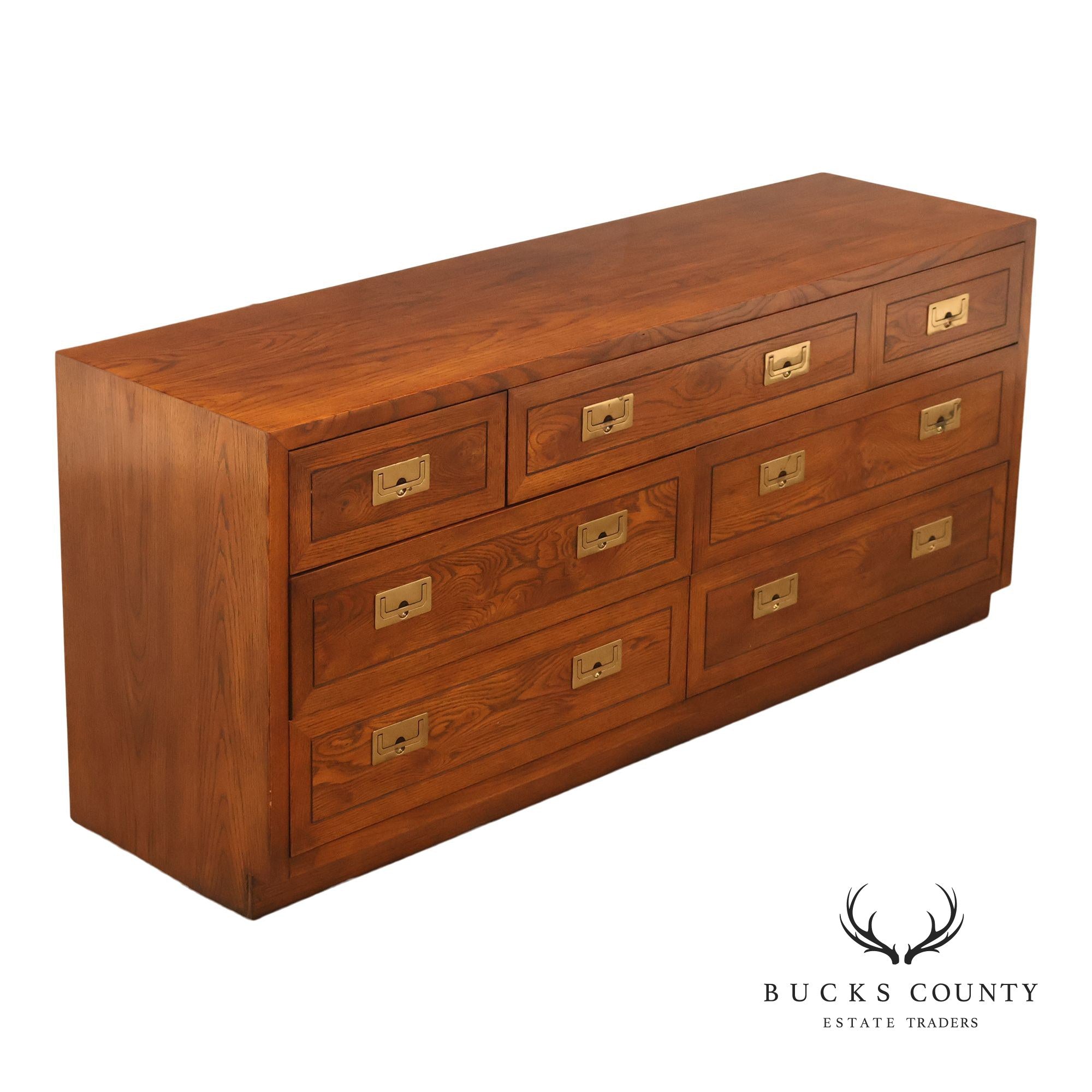 Henredon Campaign Style Oak Seven Drawer Dresser