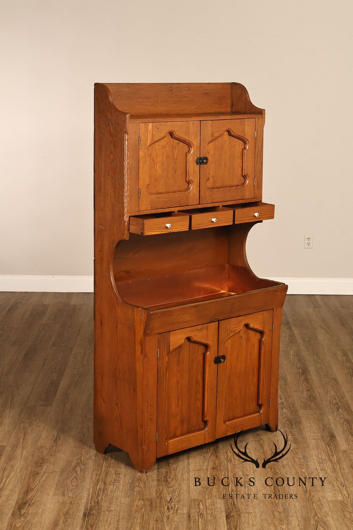 Antique Pine Dry Sink Hutch With Copper Lined Basin