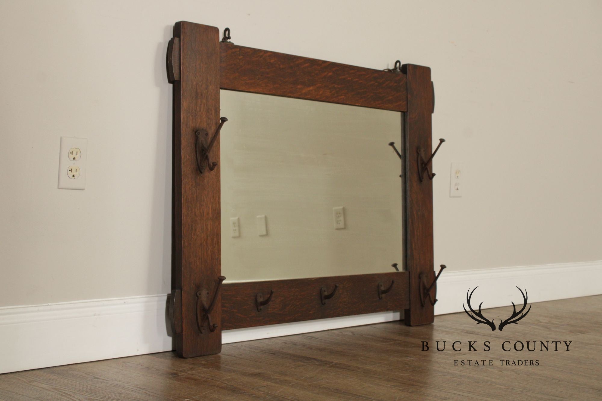 Stickley Brothers Antique Mission Oak Wall Mirror With Hooks No. 7577