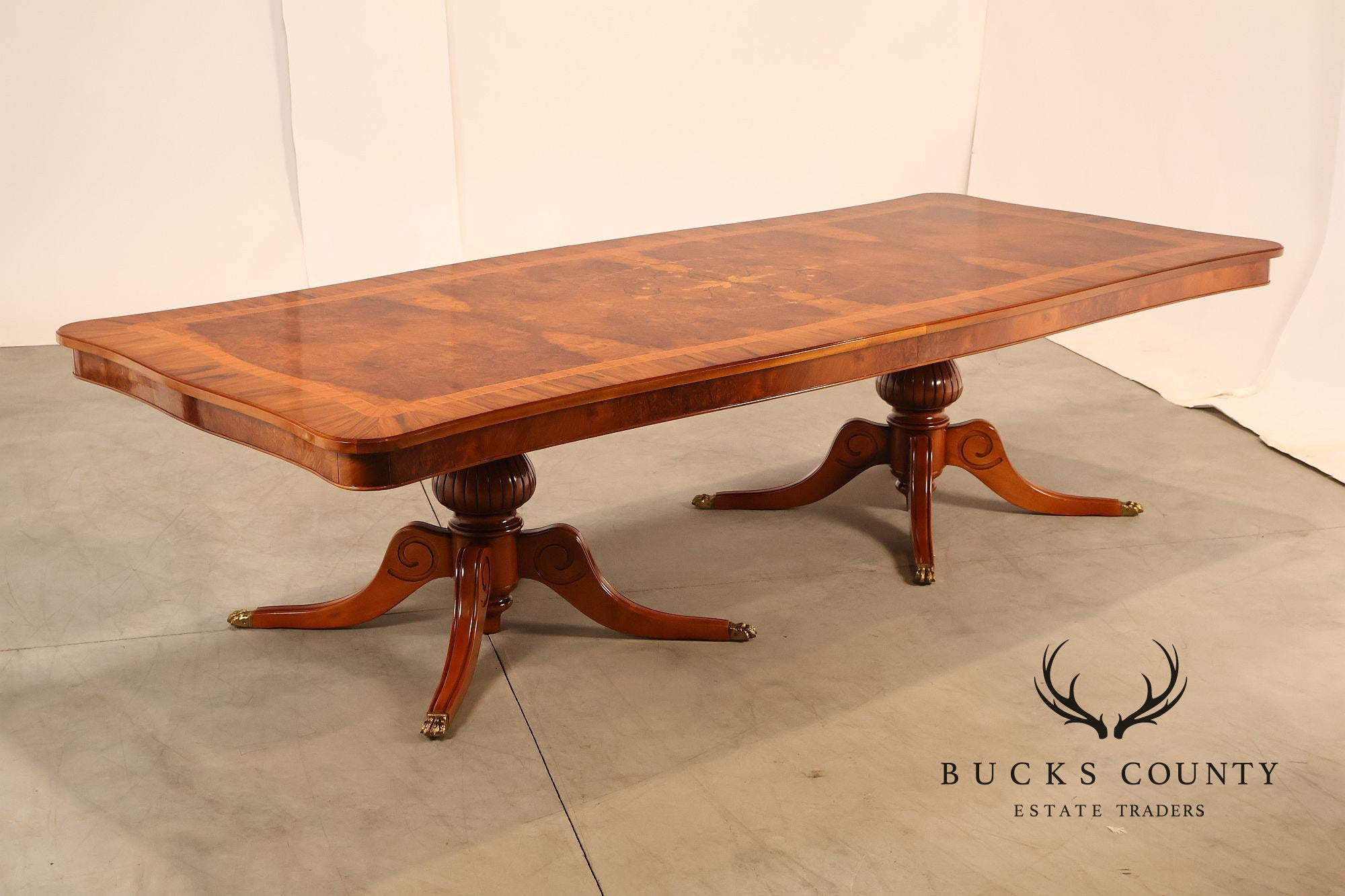 Exceptional Italian Burlwood Inlaid Double Pedestal Extendable Dining Table