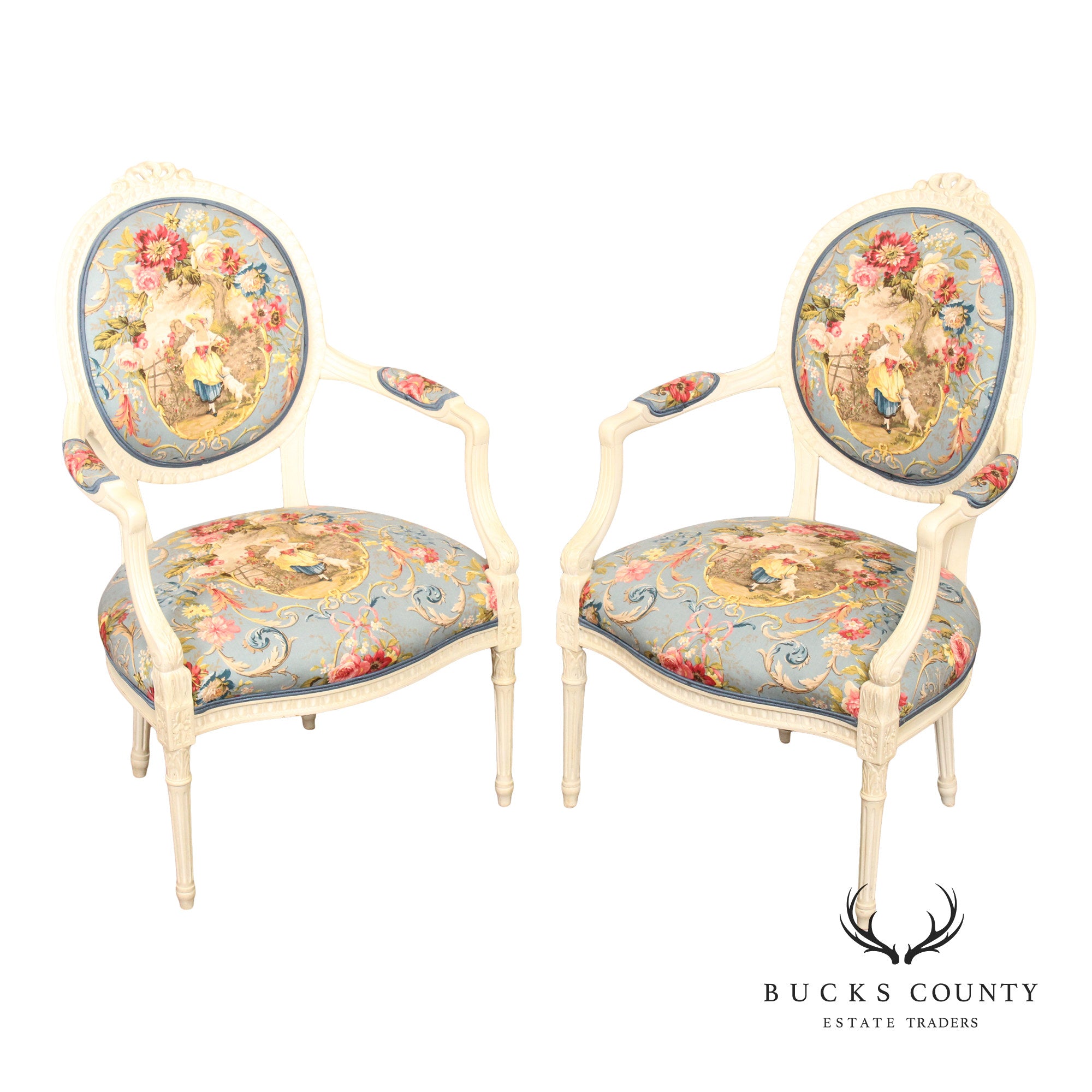 French Louis XVI Style Pair of Painted Fauteuil Armchairs