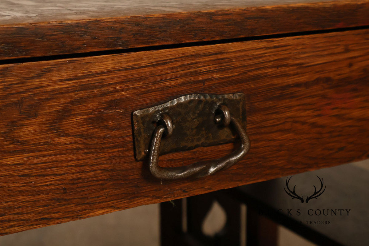 Antique Arts And Crafts Mission Oak Writing Desk With Side Shelves