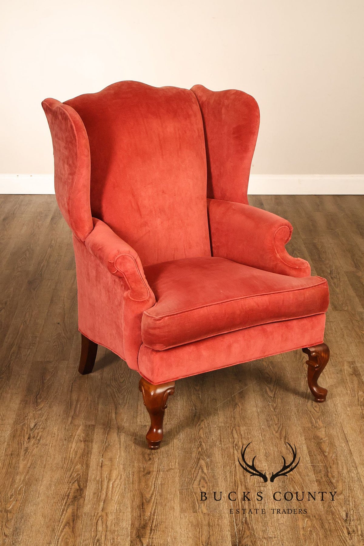 Thomasville Pair Of Traditional Coral Velvet Wingback Chairs