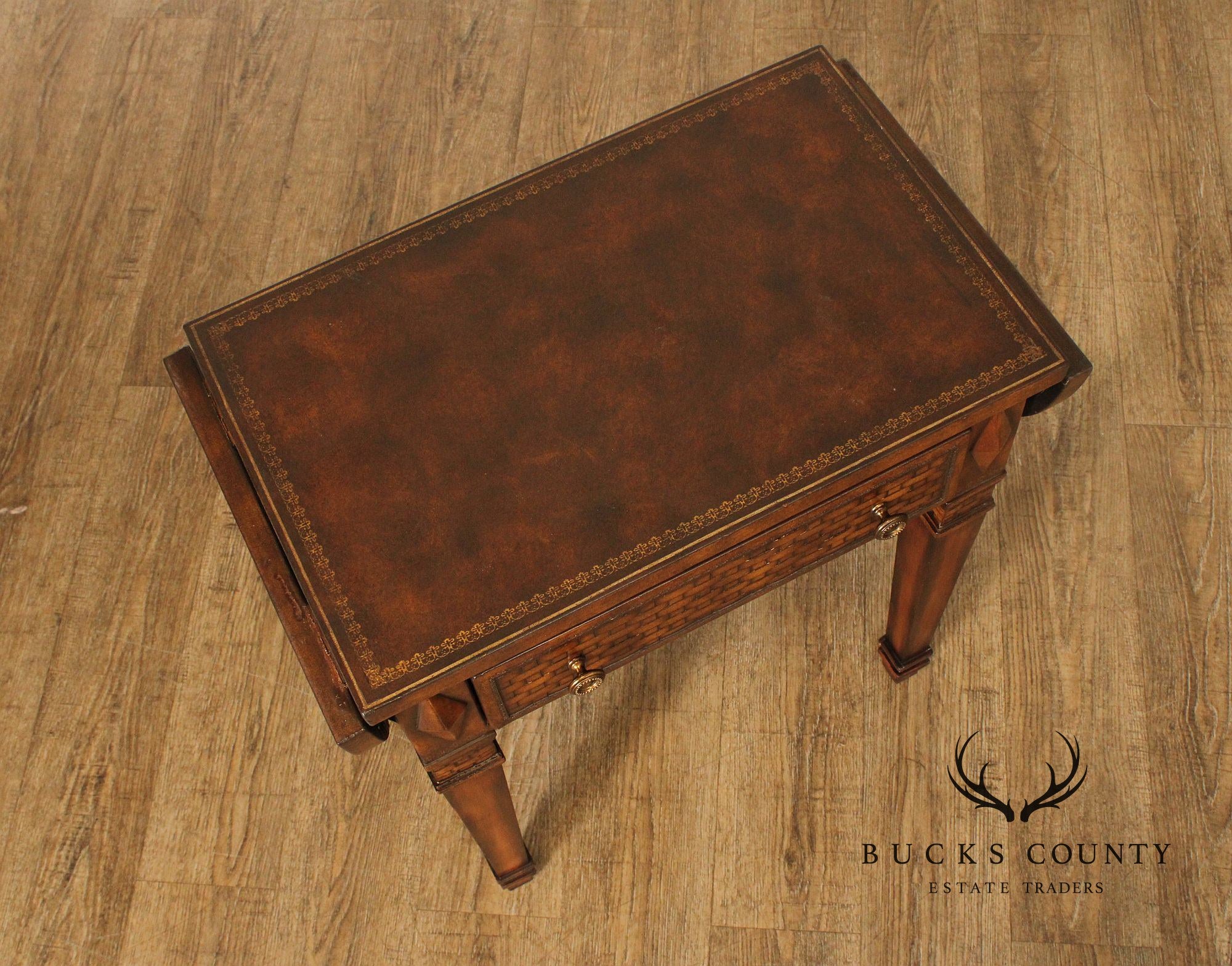 Neoclassical Style Leather Wrapped Drop-Leaf Side Table