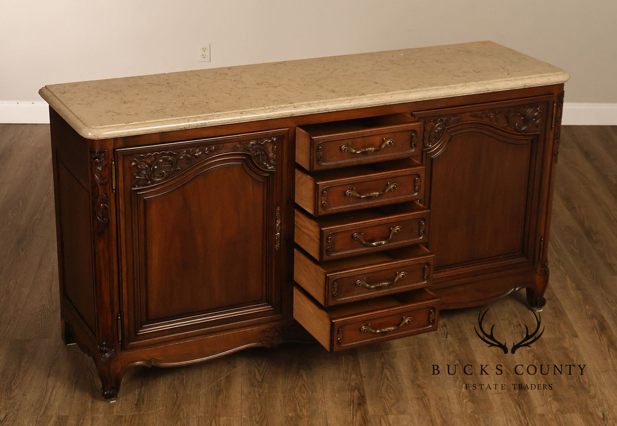 French Louis XV Style Carved Walnut Marble Top Sideboard