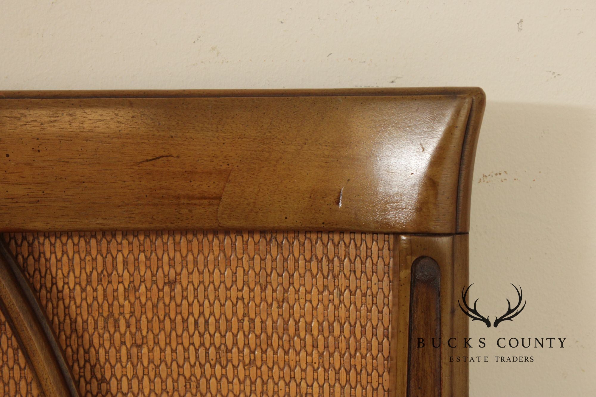 Mid Century Modern Walnut and Rattan Full-Size Headboard