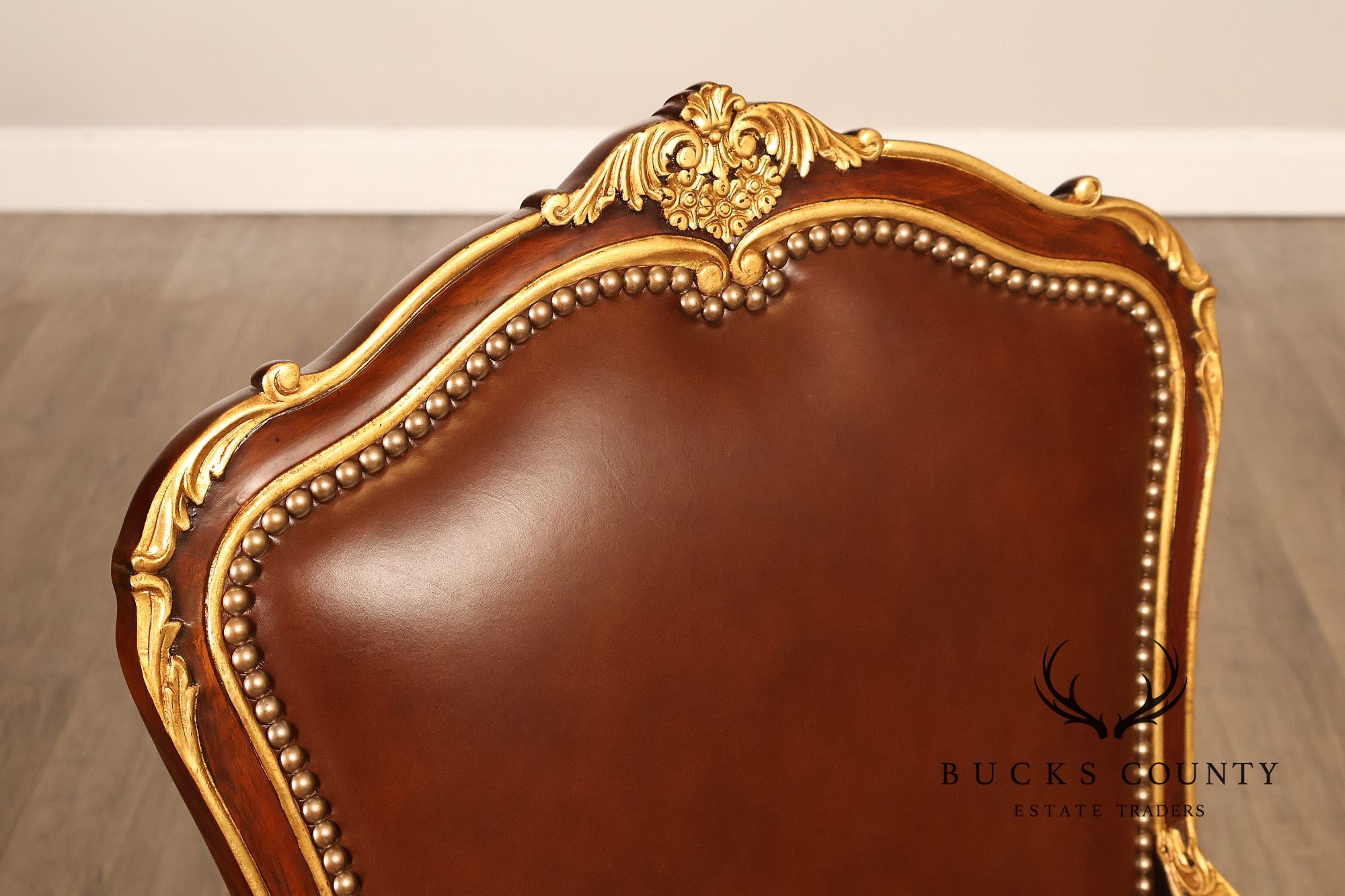 Scarborough House Pair Of French Rococo Style Gilt Mahogany Leather Upholstered Armchairs