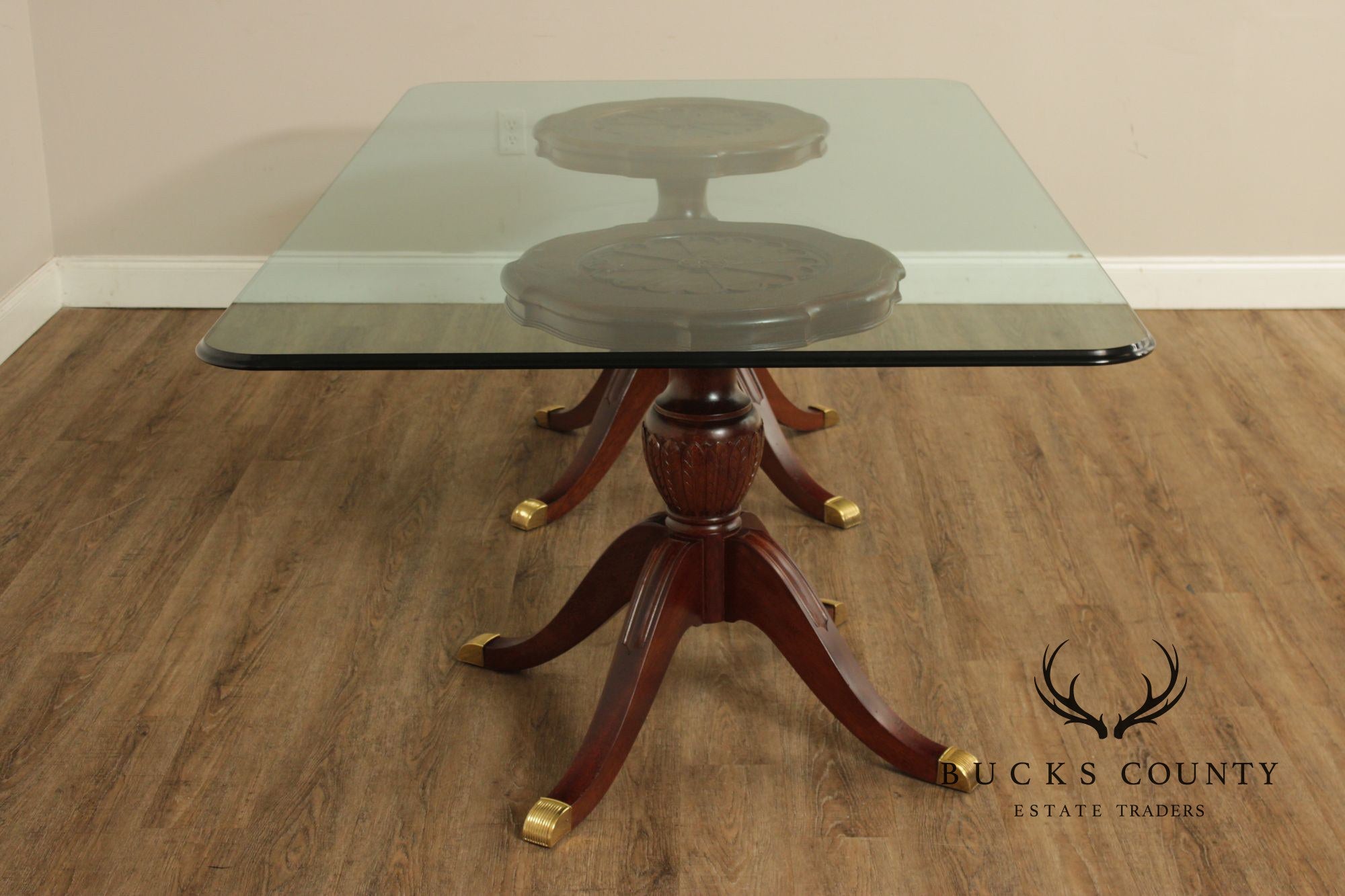 Georgian Style Mahogany Double Pedestal Glass Top Dining Table