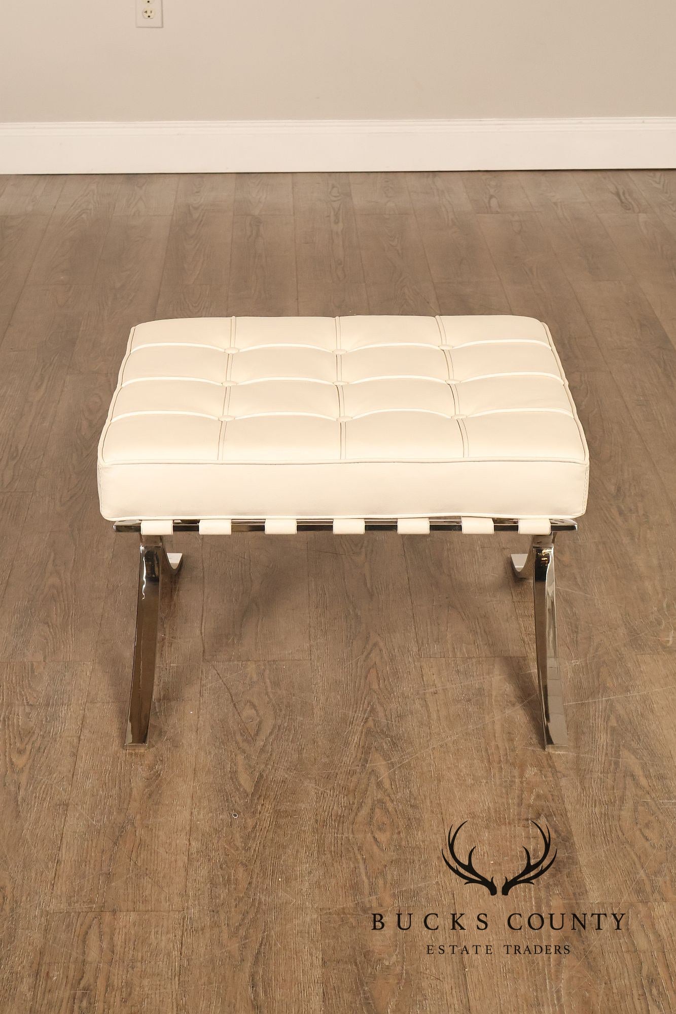 White Barcelona Style Pair Of Leather Stools With Chrome Bases