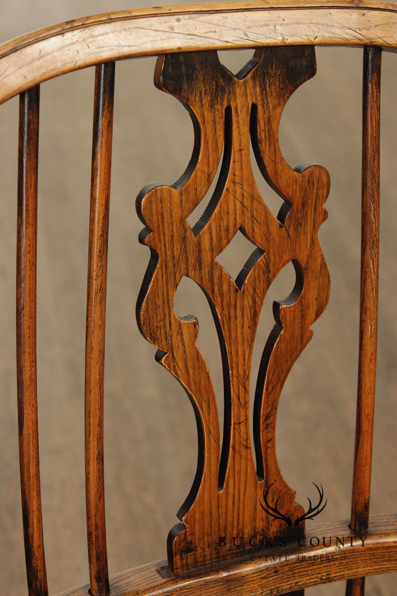 Vintage Set of Four English Oak Windsor Dining Armchairs