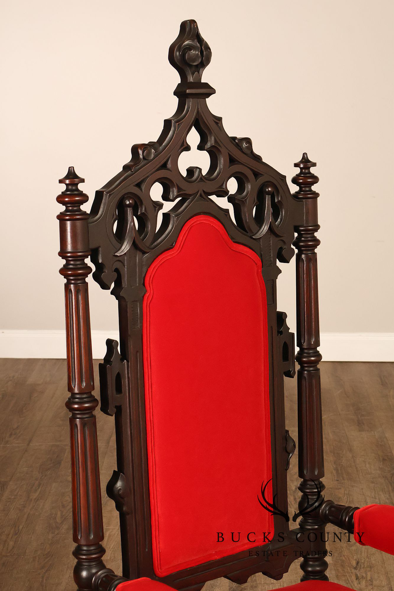 Gothic Revival Walnut Carved Wood Throne Pair Of Armchairs