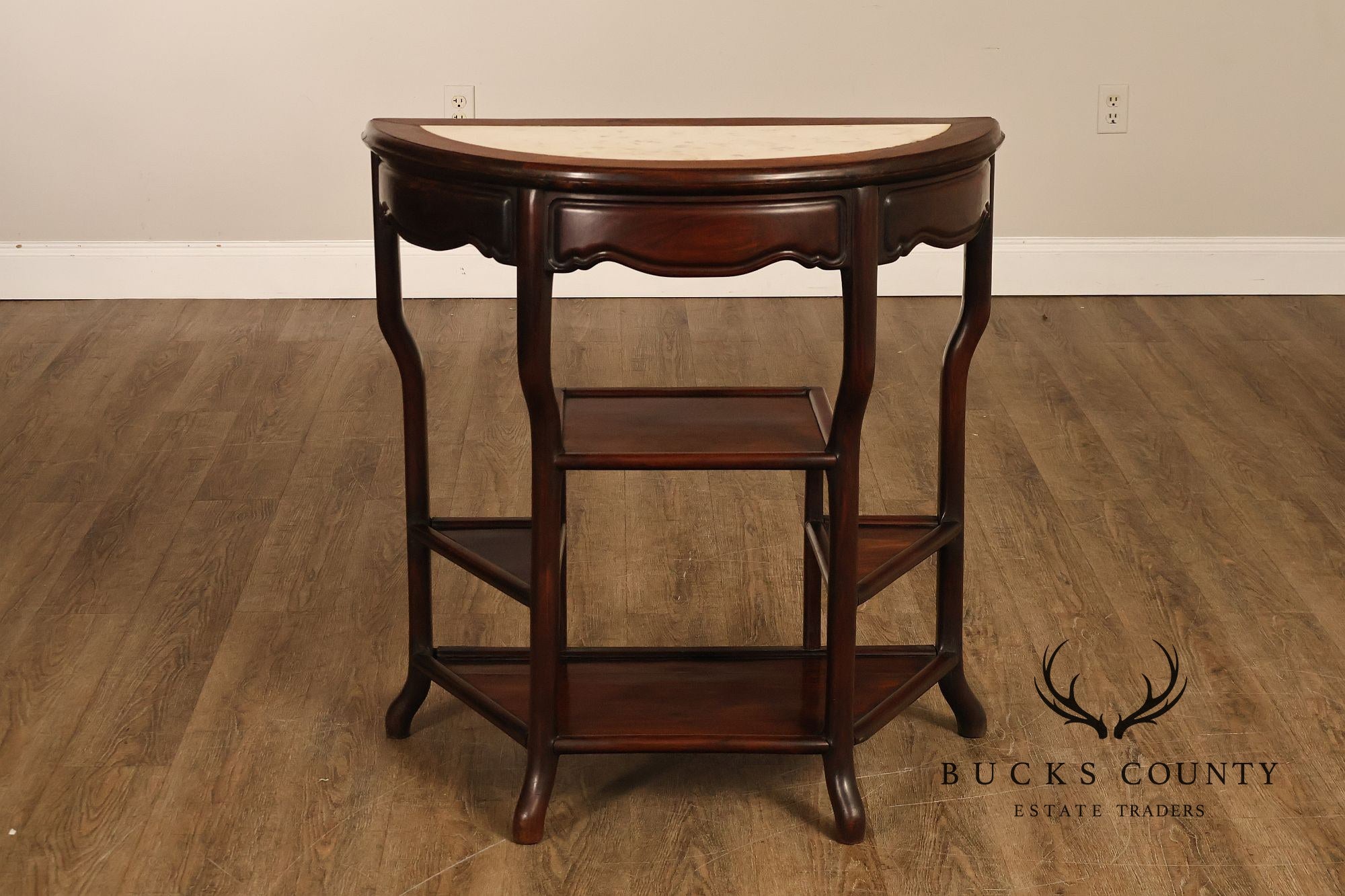 Asian Style Demilune Marble Top Side Table With Tiered Shelves