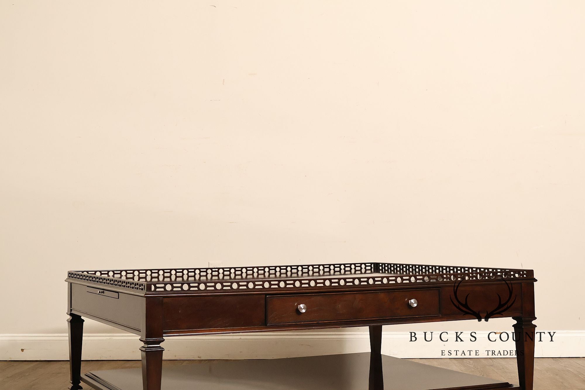 Century Furniture Large Mahogany Two Drawer Gallery Top Rectangular Cocktail Coffee Table