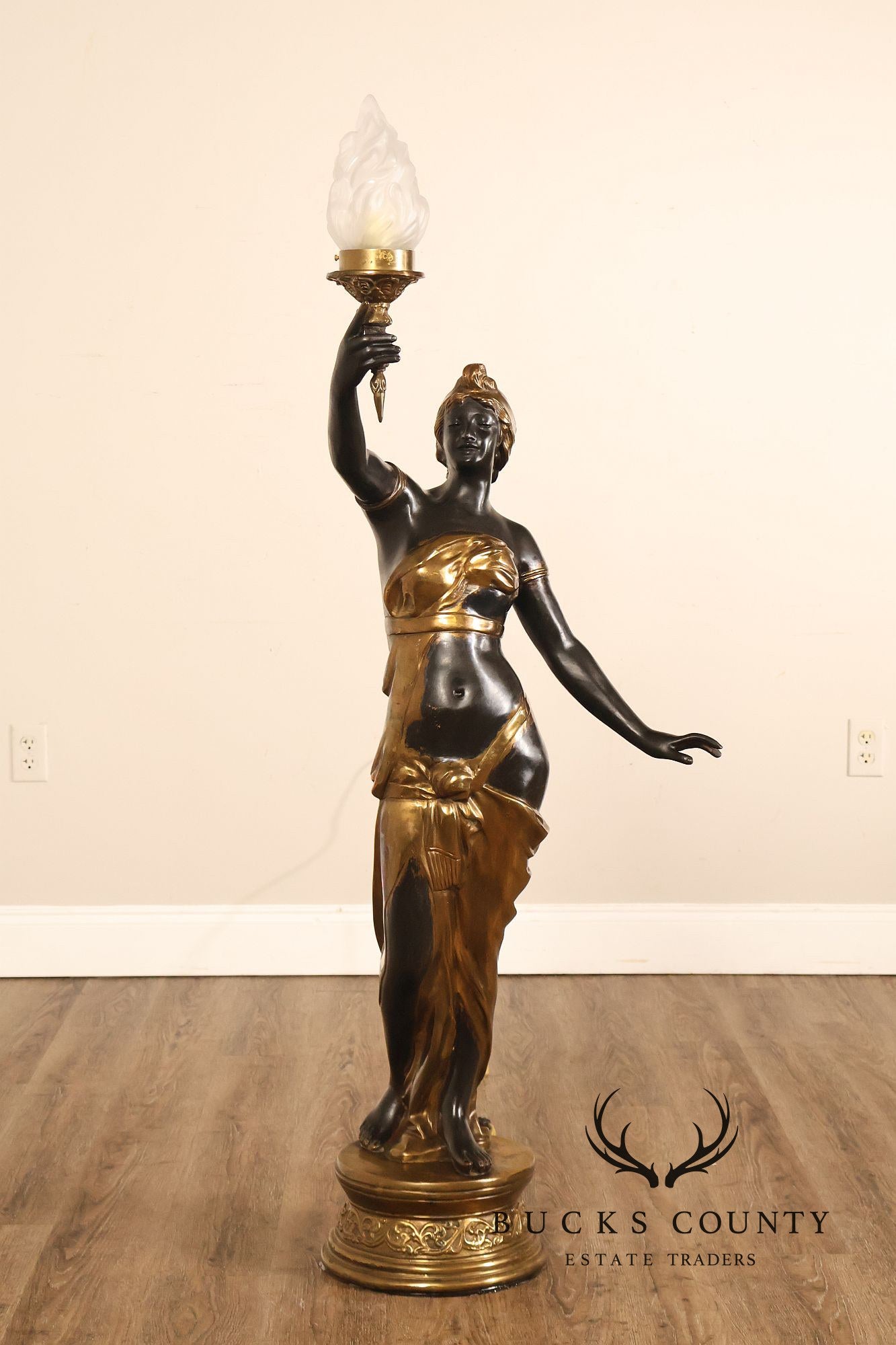 Neoclassical Style Pair Of Bronze Figural Torchere Floor Lamps