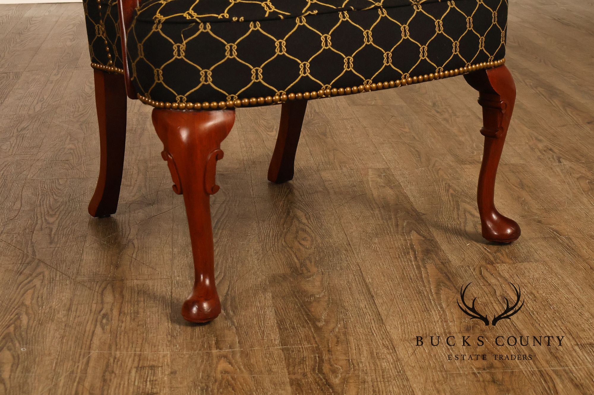 Queen Anne Style Pair Of Tall Back Upholstered Armchairs