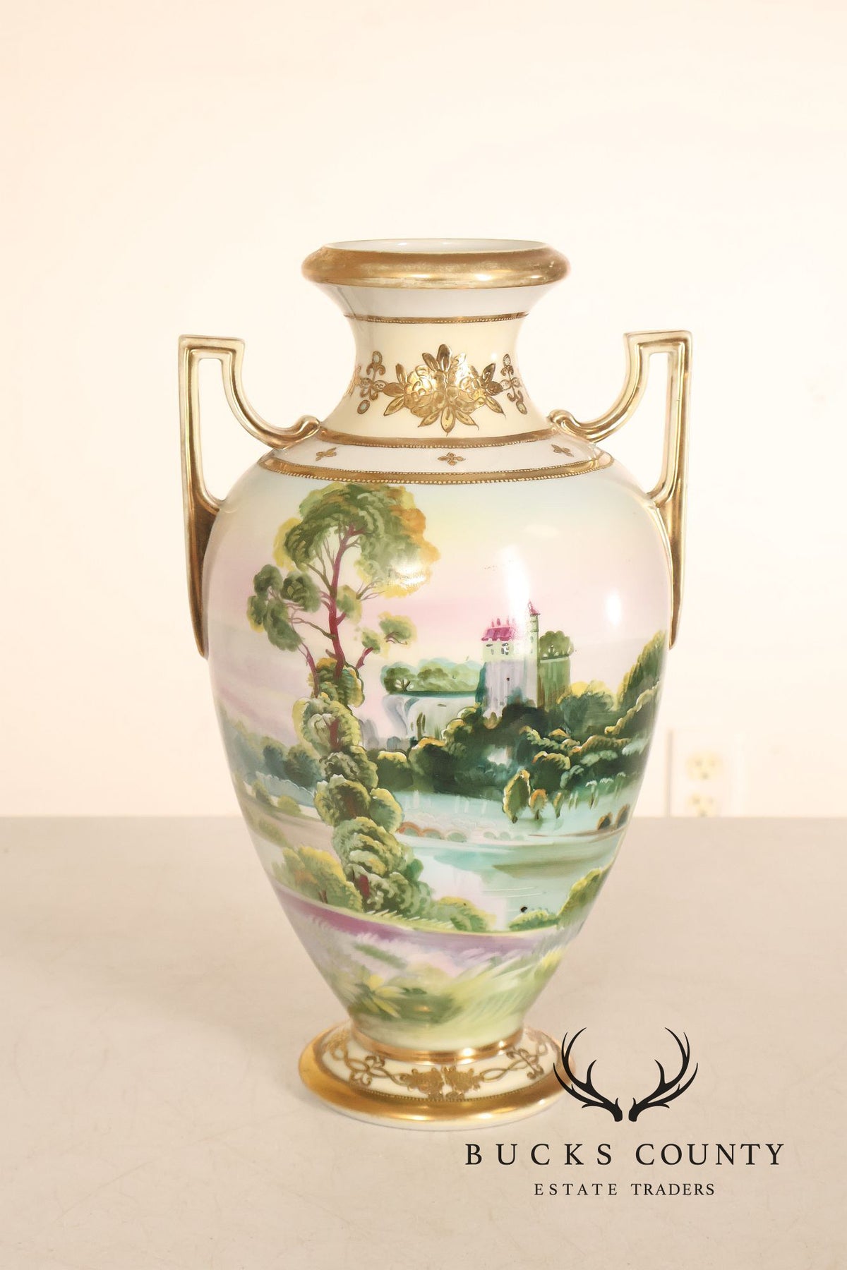Antique Hand Painted Nippon Porcelain Twin Handle Landscape Urn With Gilt Decoration