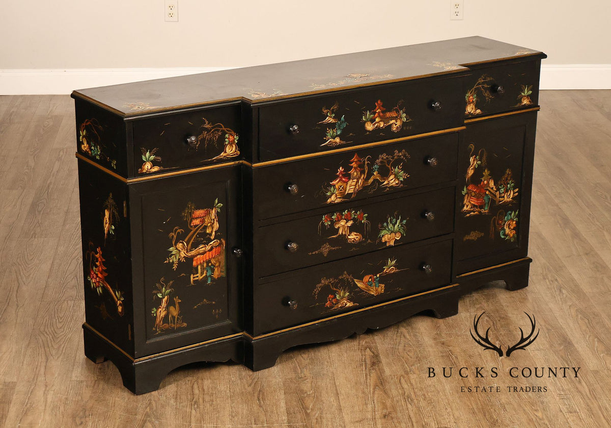 Chinoiserie Style Black Lacquer Hand Painted Sideboard With Hidden Secretary Desk