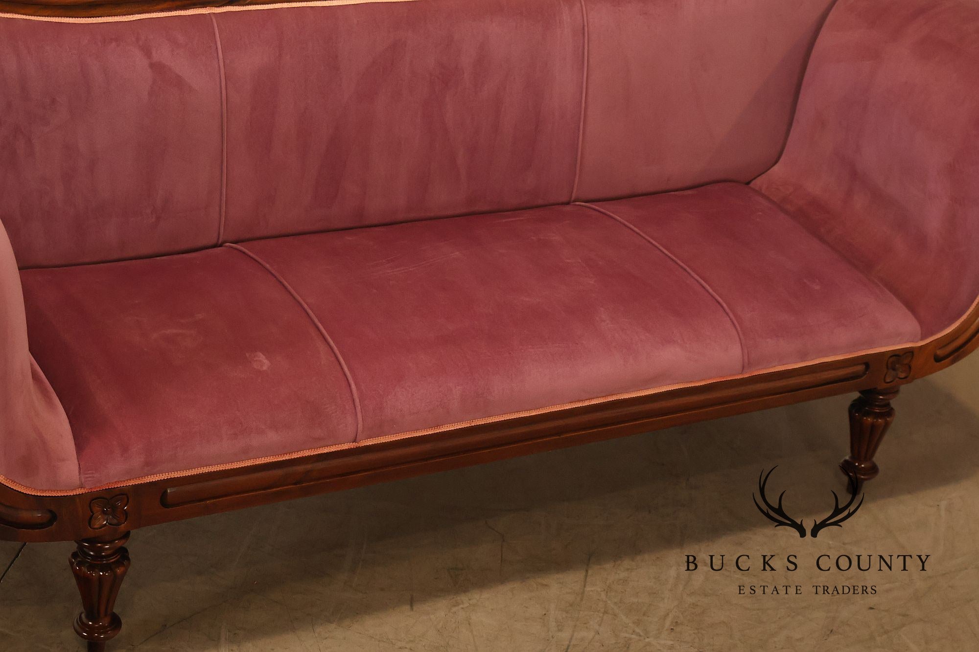 Victorian Style Mahogany Carved Wood Framed Pink Velour Upholstered Sofa