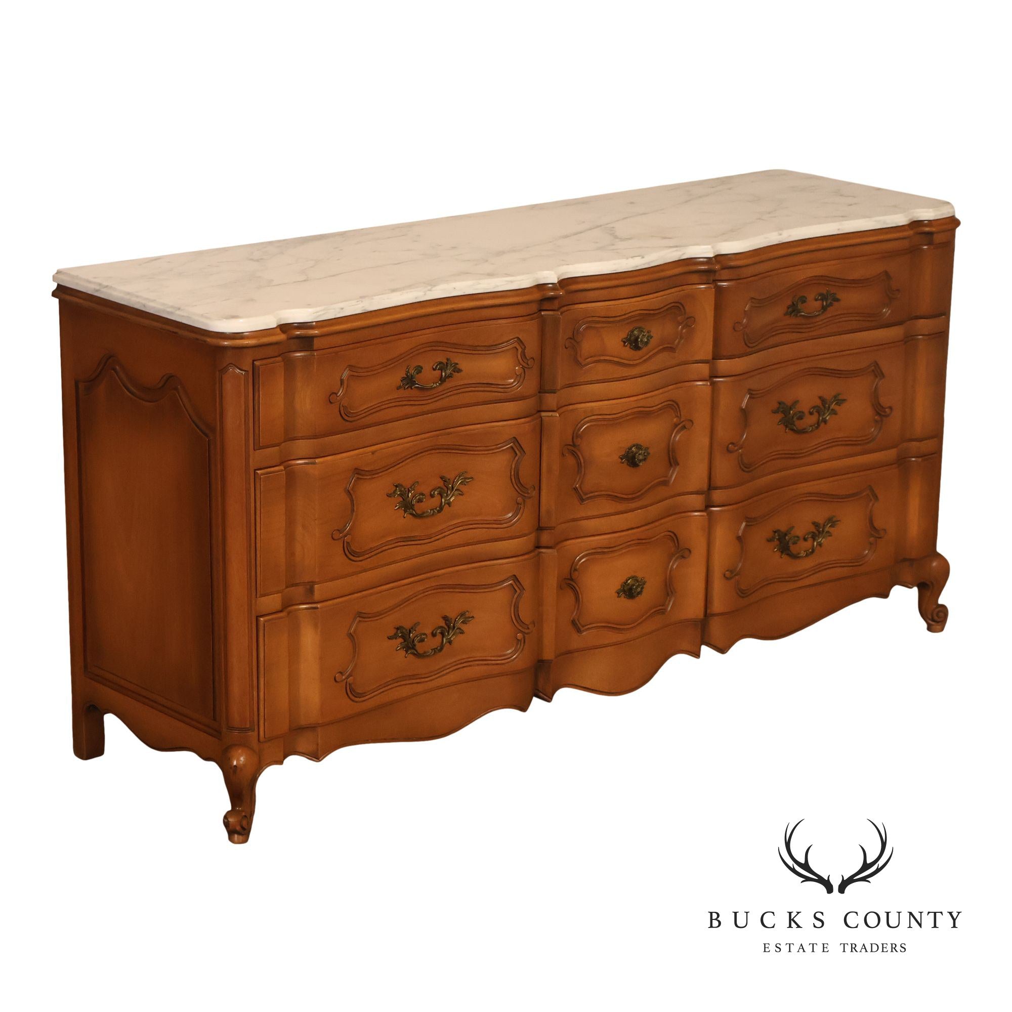 French Provincial Style Marble Top Nine Drawer Dresser