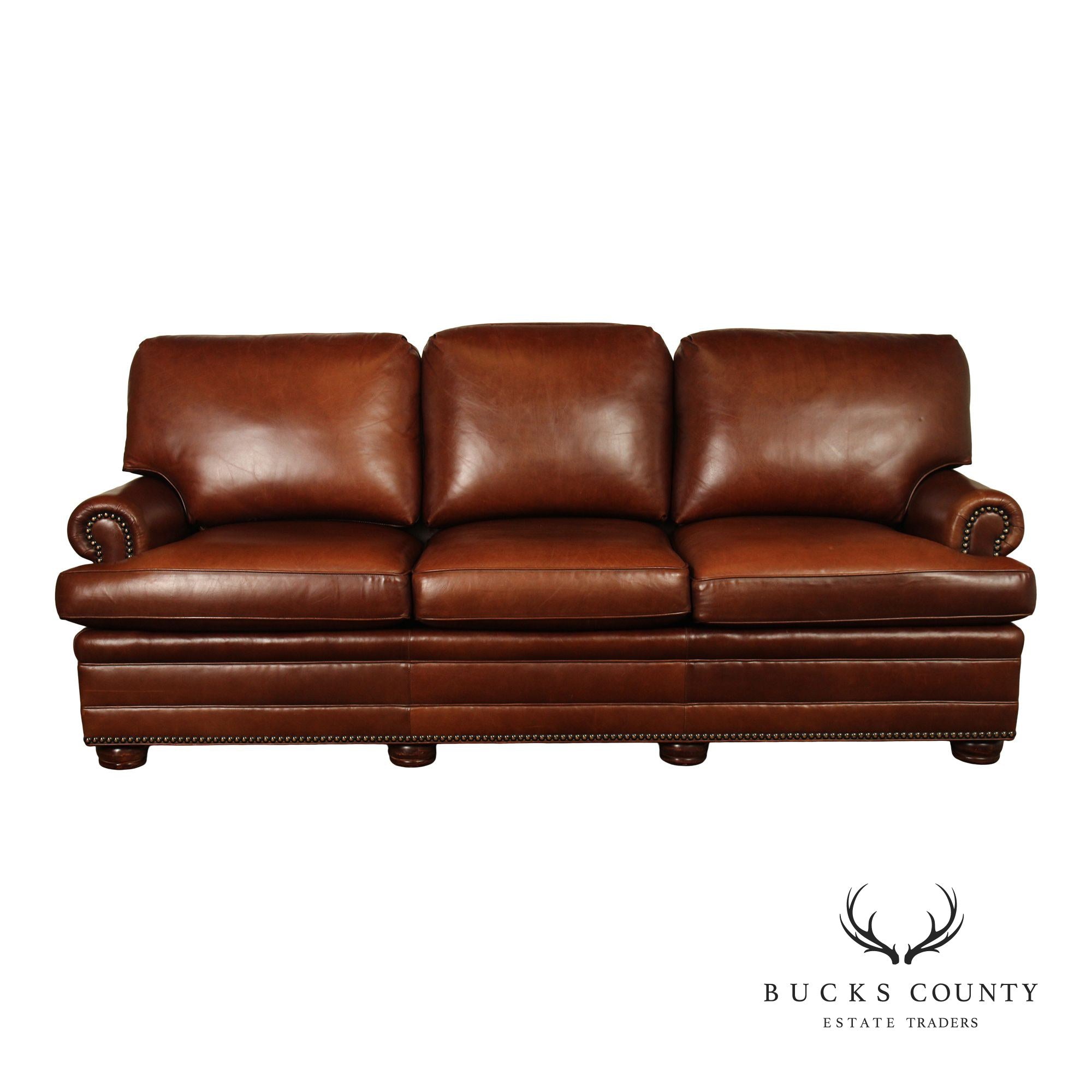 HANCOCK & MOORE ENGLISH TRADITIONAL STYLE BROWN LEATHER SOFA