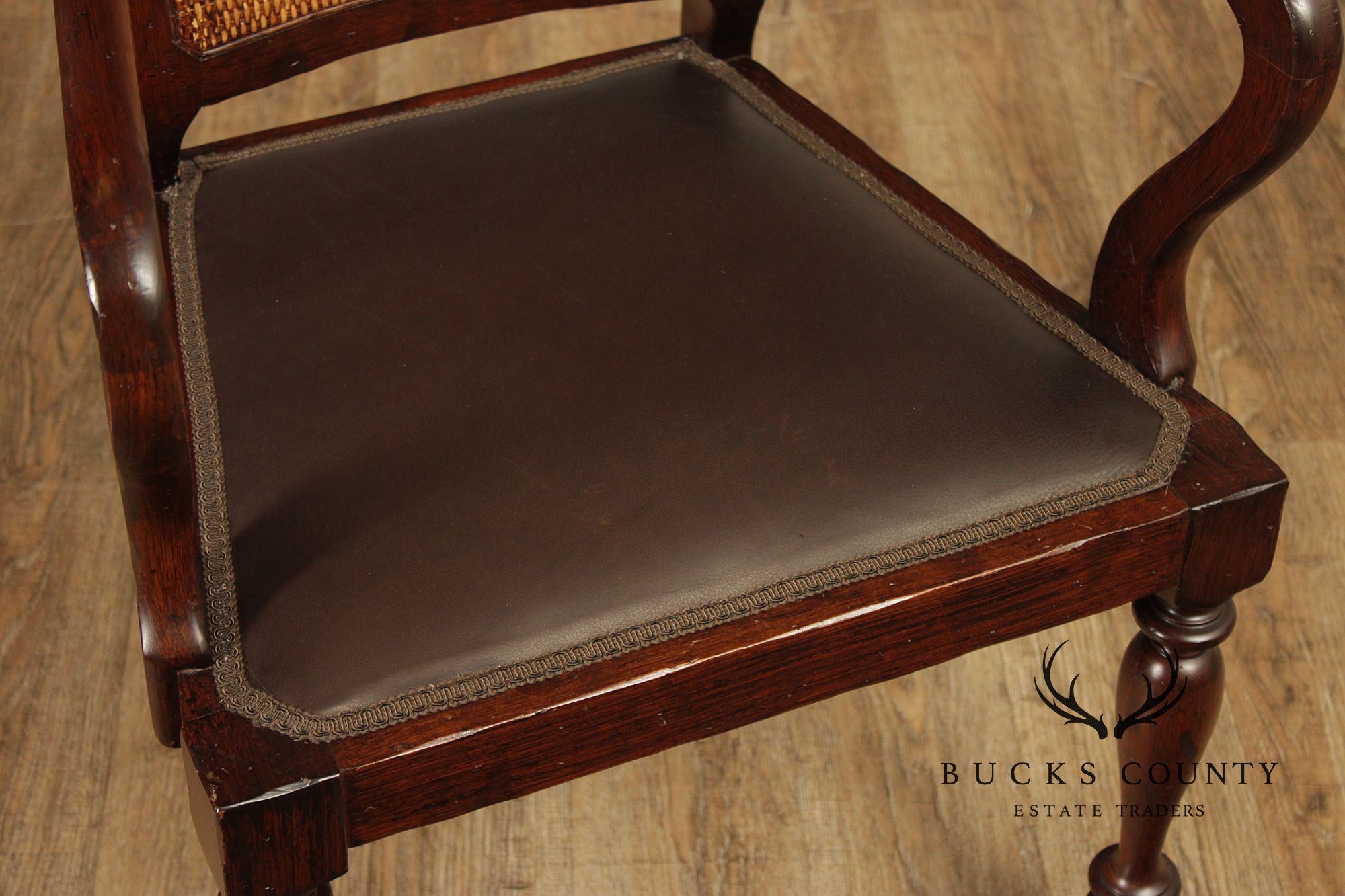 Vintage Anglo-Indian Style Pair of Caned Back Leather Seat Armchairs