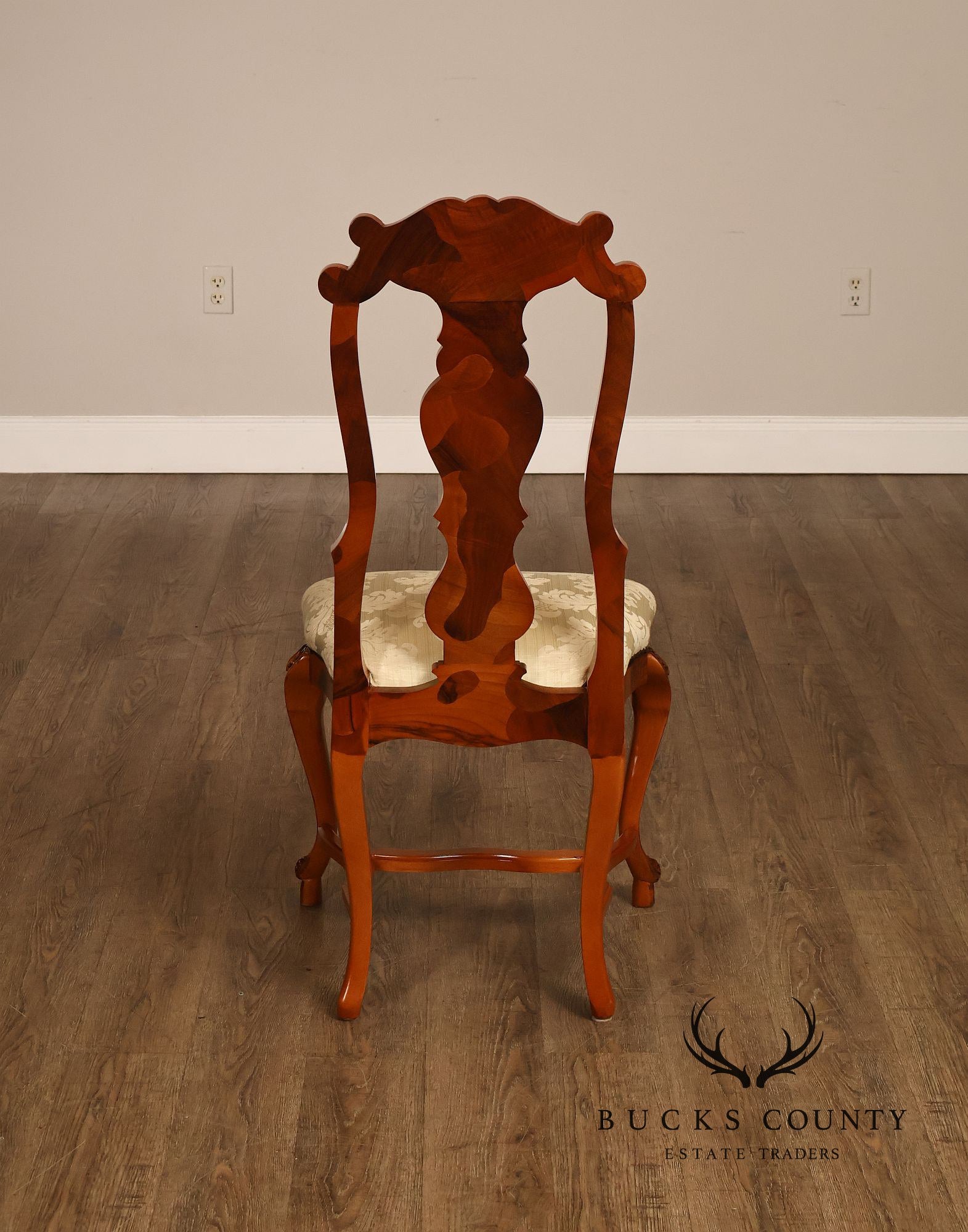 Italian Baroque Style Set of Eight Inlaid Olive Wood Dining Chairs