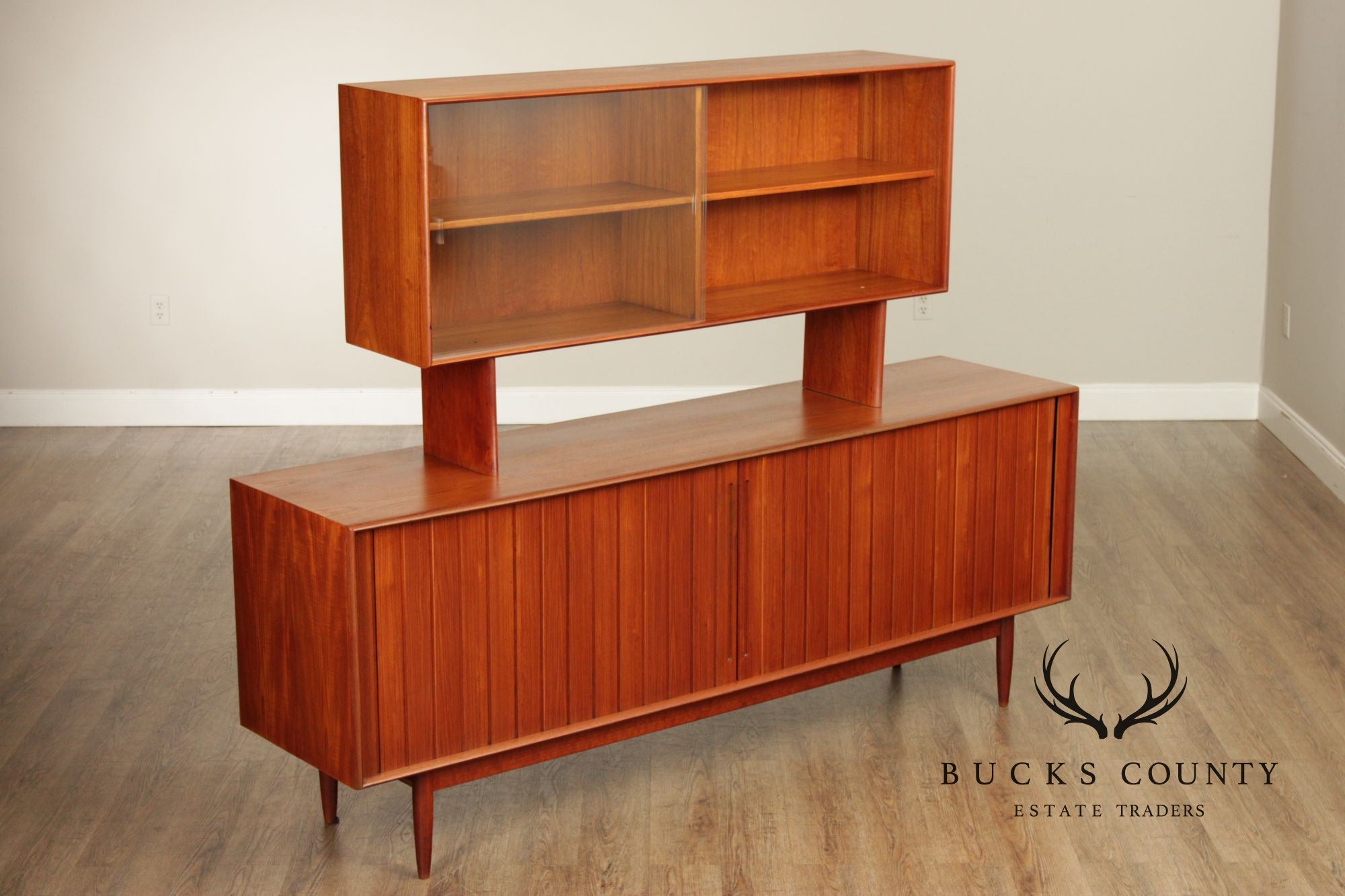 Danish Mid-Century Modern Teak Credenza With Floating Hutch