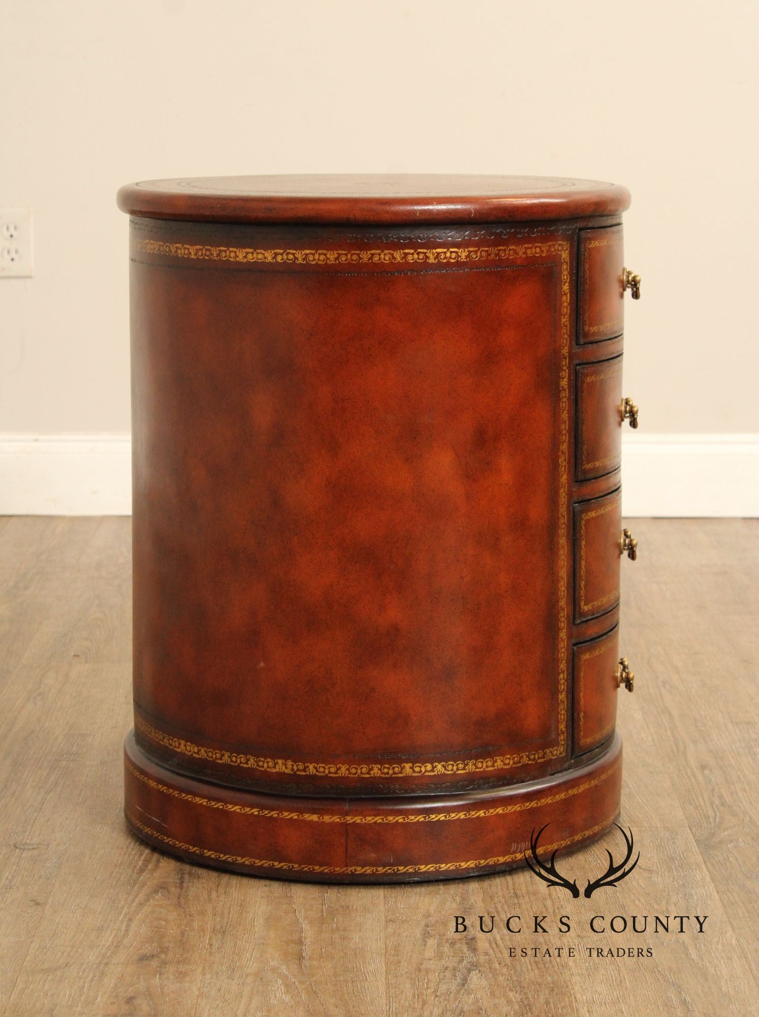 Regency Style Leather Wrapped Drum Table