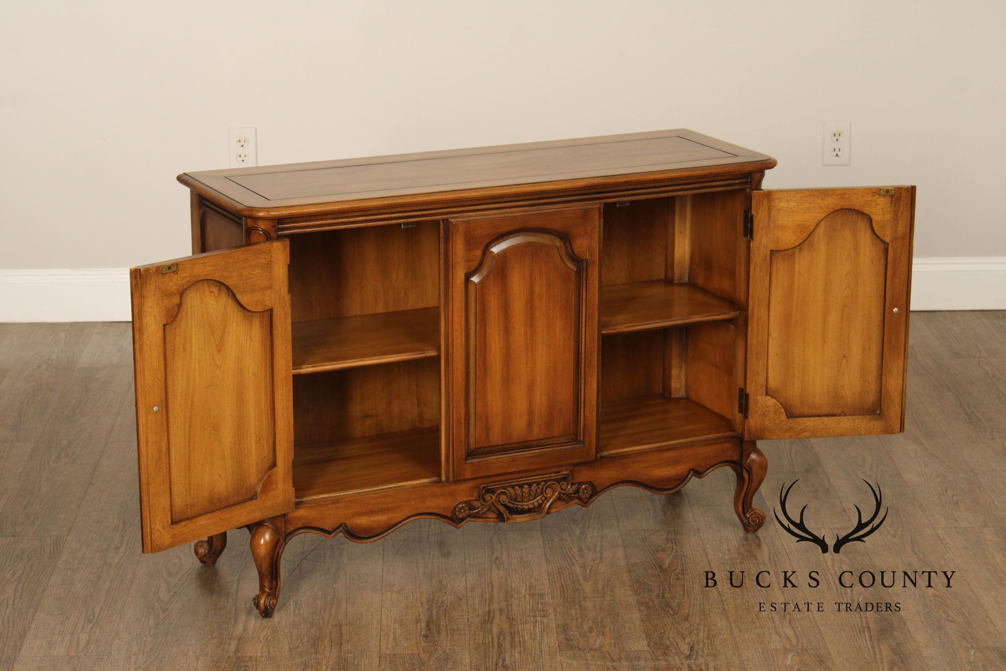 French Provincial Style Vintage Narrow Walnut Console Cabinet