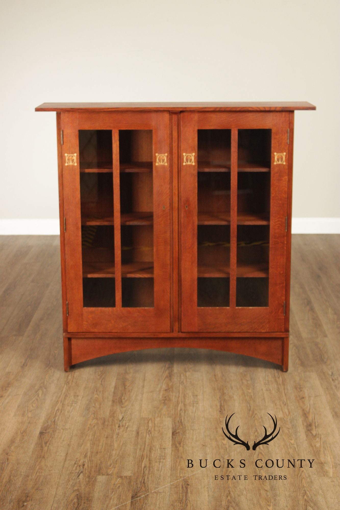 Stickley Mission Collection Oak Two Door Bookcase Harvey Ellis Inlaid Oak 2 Door Bookcase