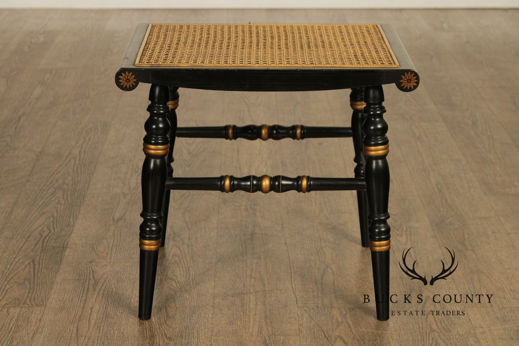 Pair Of L. Hitchcock Black And Gold Hand Stenciled Caned Benches