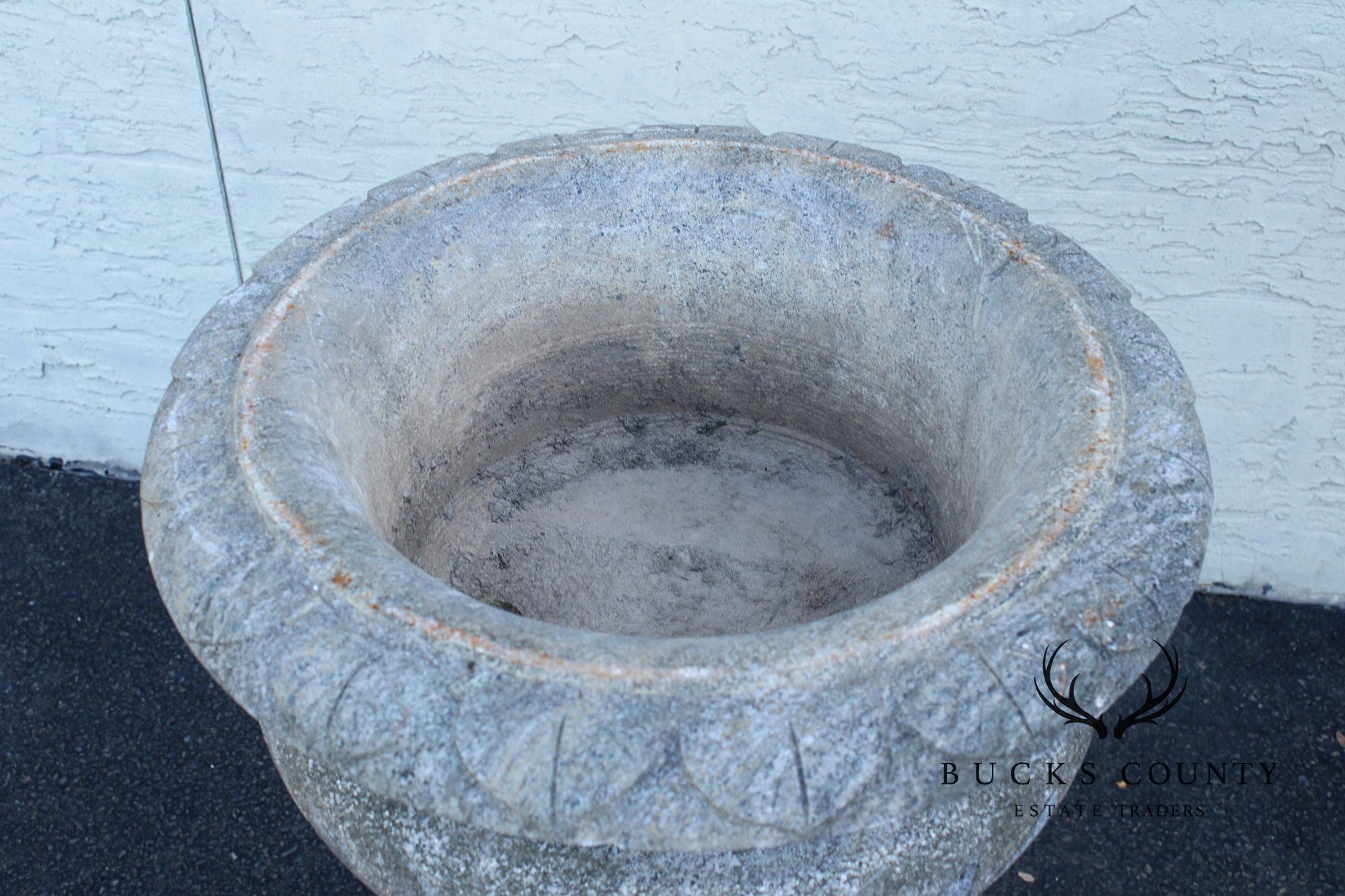 Vintage Pair Of Carved Granite Three Piece Garden Urns On Pedestals