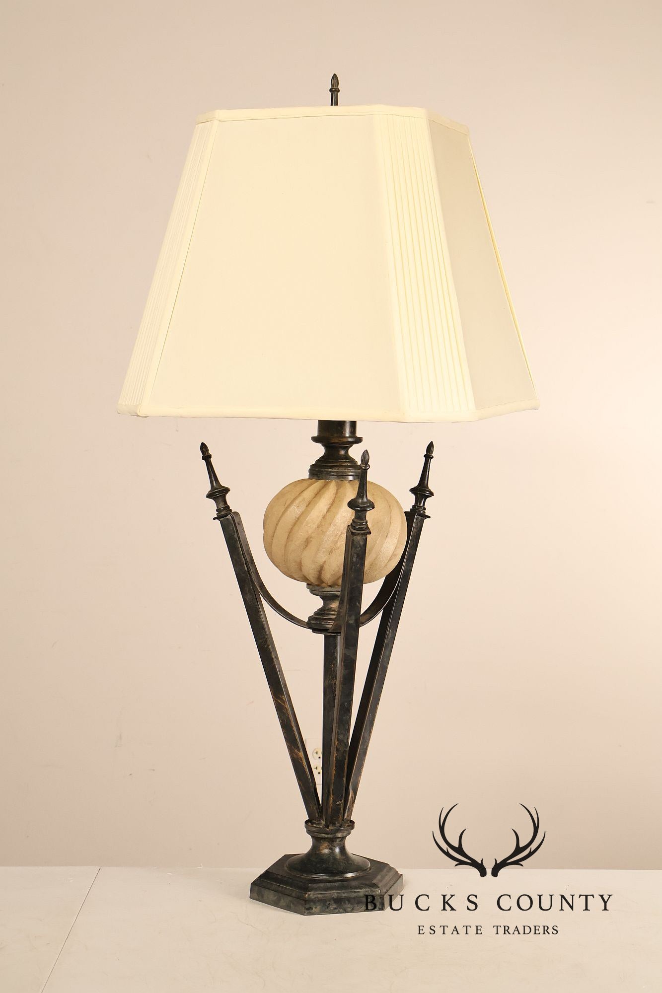 Neoclassical Style Pair Of Table Lamps With Carved Orb And Metal Base