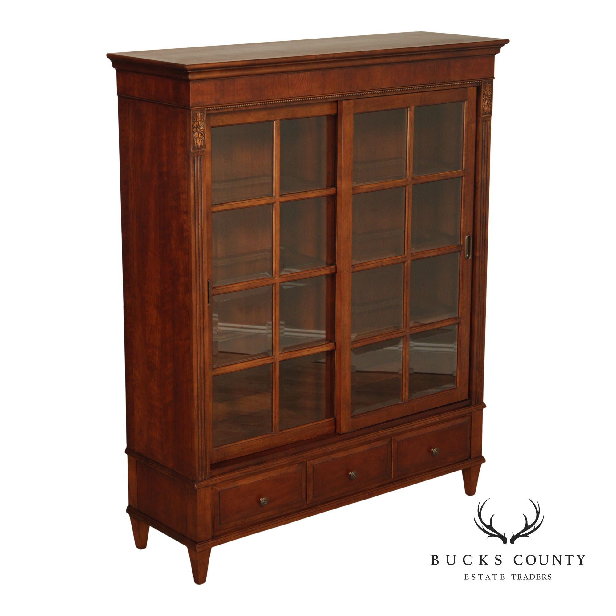 Ethan Allen Traditional Style Lighted Sliding Door Bookcase Display Cabinet