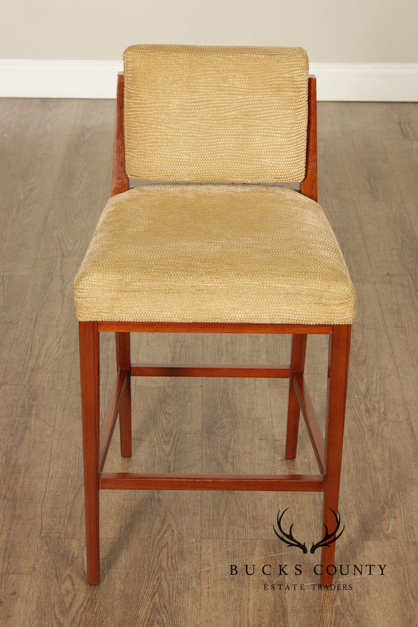 Mid Century Modern Style Set of Four Walnut Upholstered Counter Stools